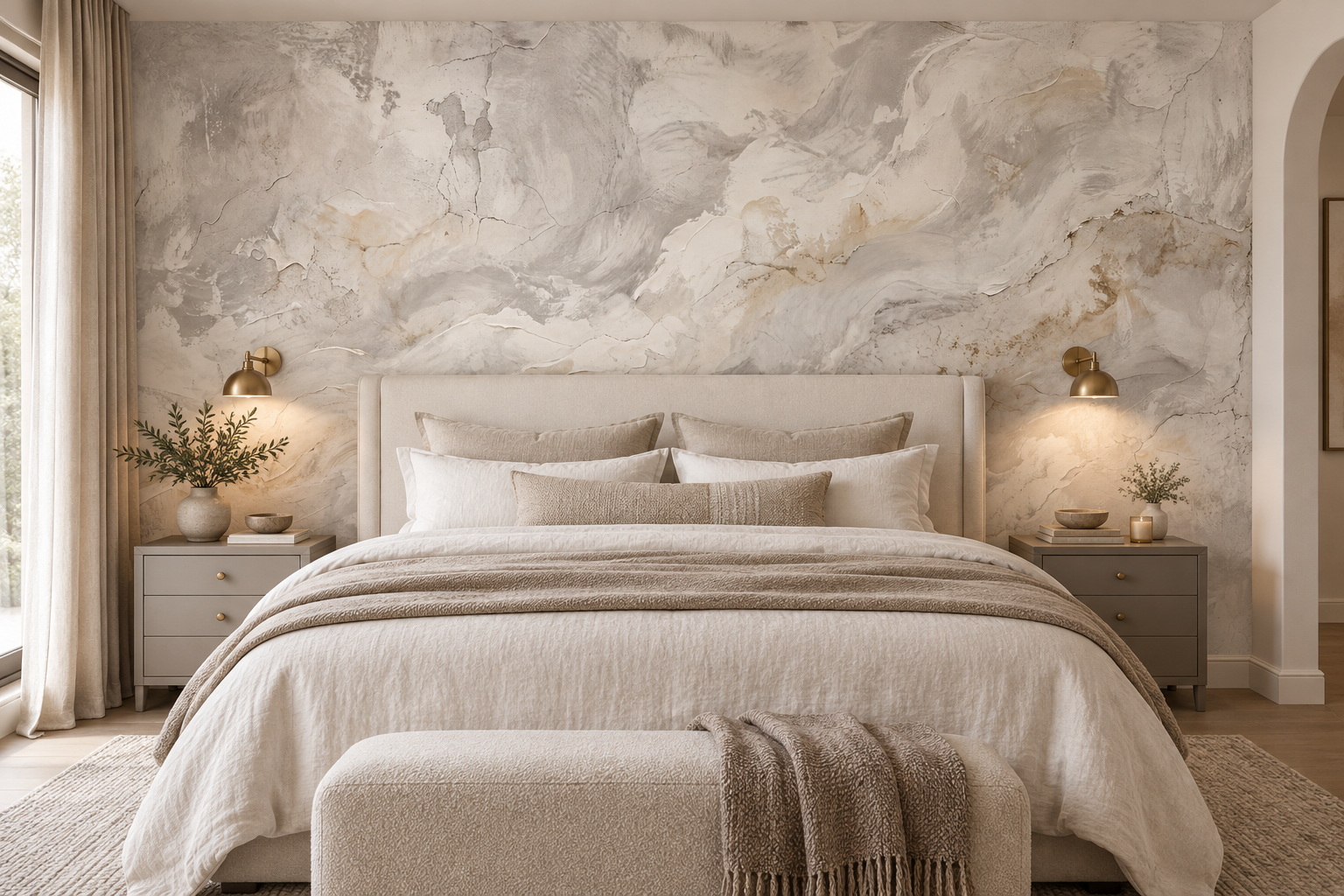 Weathered Grey And Ivory Plaster Texture Wallpaper Mural — Installed Wallpaper Mural In A Bedroom, Peel-and-stick Finish