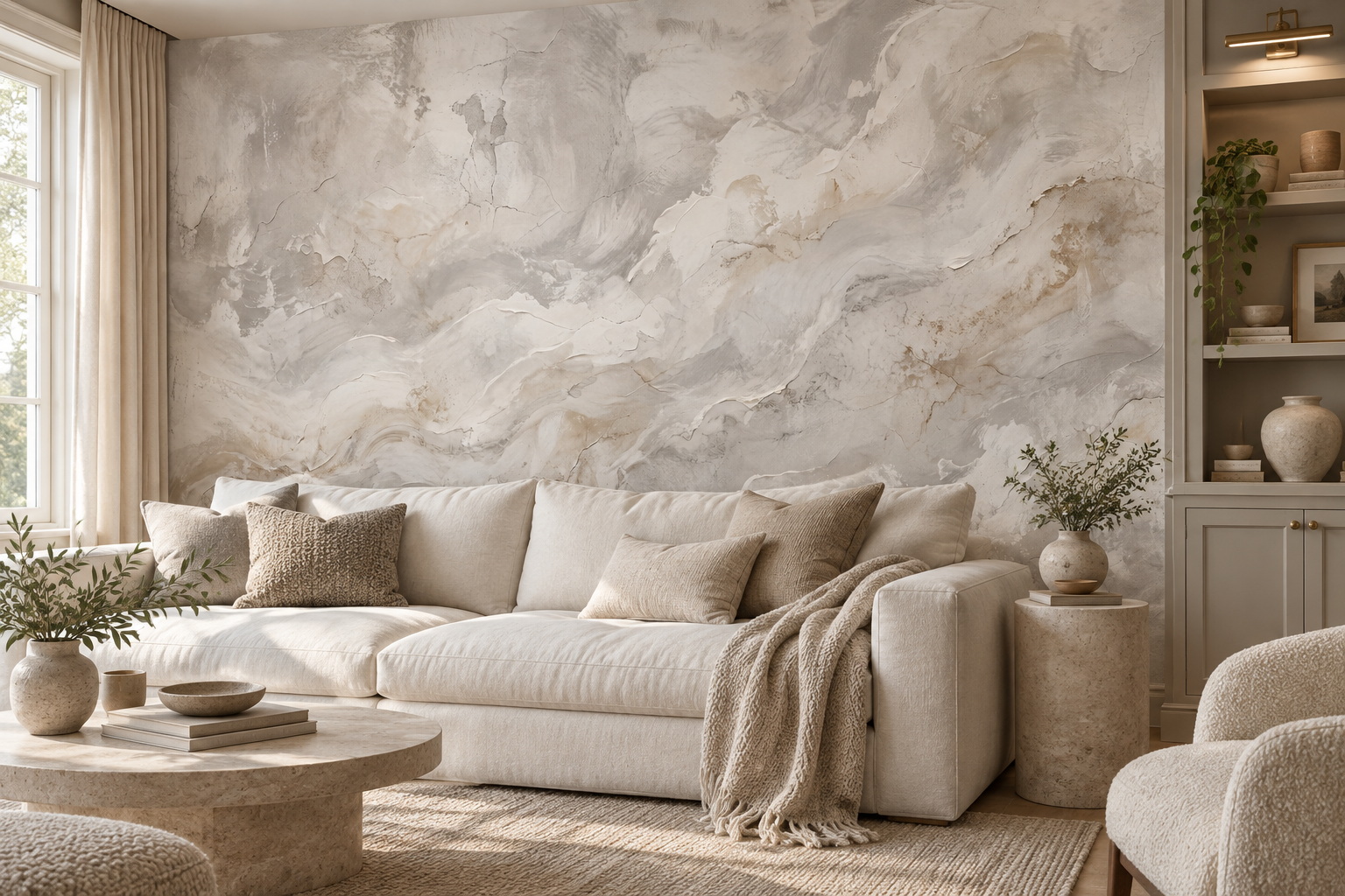 Cream sofa and pale furnishings against a grey and beige printed plaster-effect mural