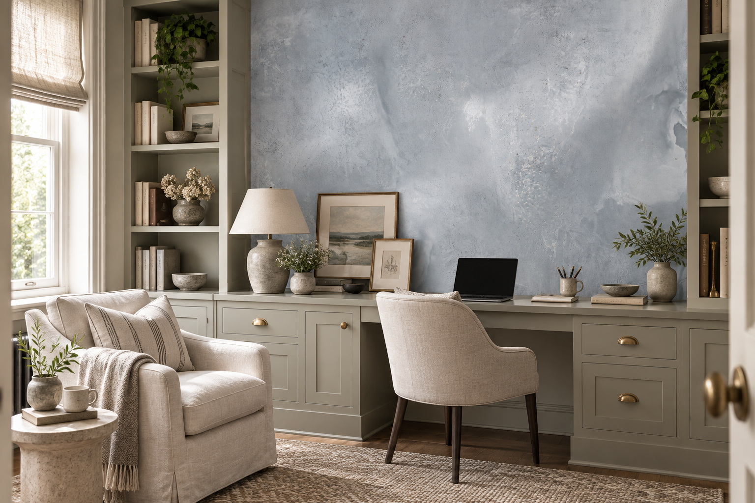 Grey Concrete Decorative Wallpaper Mural Office-wallpaper-murals, Shown In A Home Office, Peel-and-stick Finish