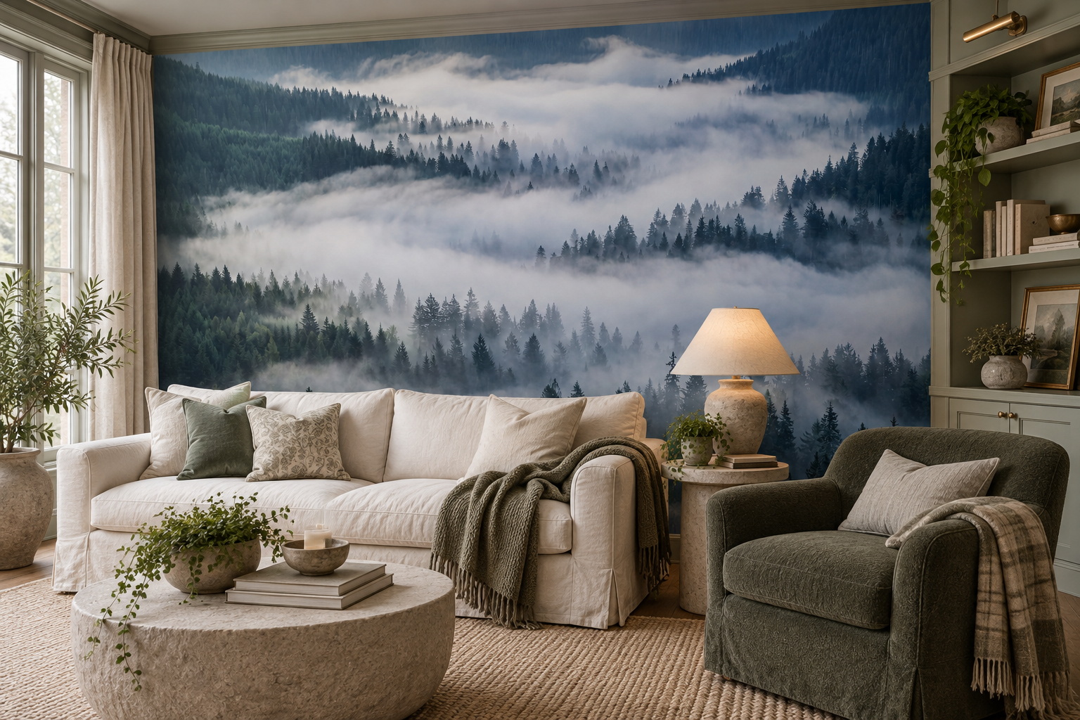 Blue-green Evergreen Forest Beneath Rolling Mist Wallpaper Mural — Wallpaper Mural Design, Peel-and-stick Finish
