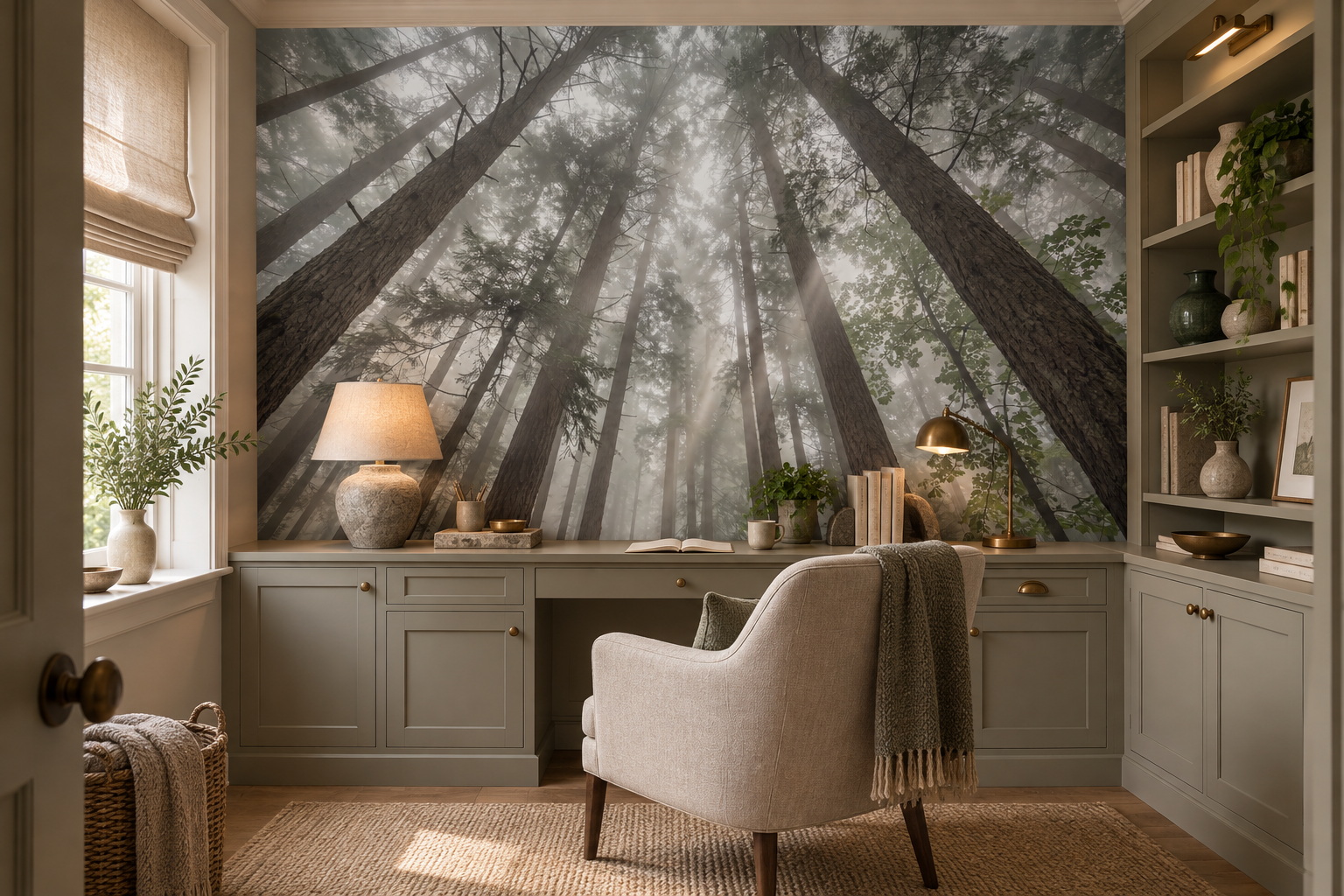 Grey Trees Scenic Wallpaper Mural Office-wallpaper-murals, Shown In A Home Office, Peel-and-stick Finish