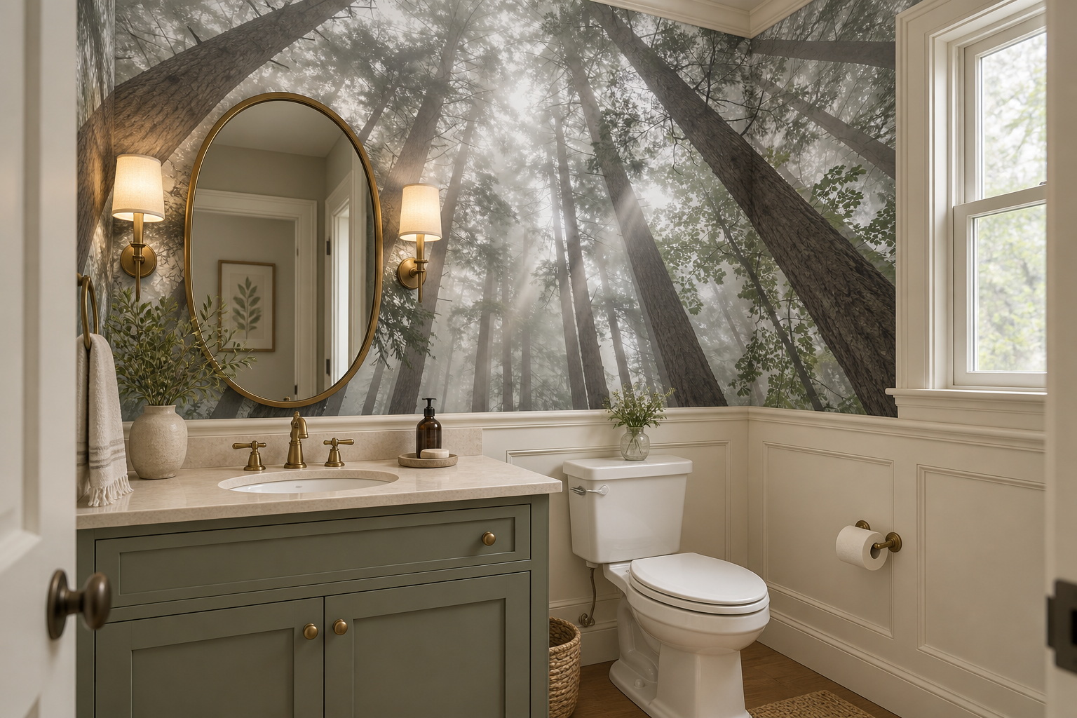 Grey Trees Scenic Wallpaper Mural Powder-room-wallpaper-murals, Peel-and-stick Finish