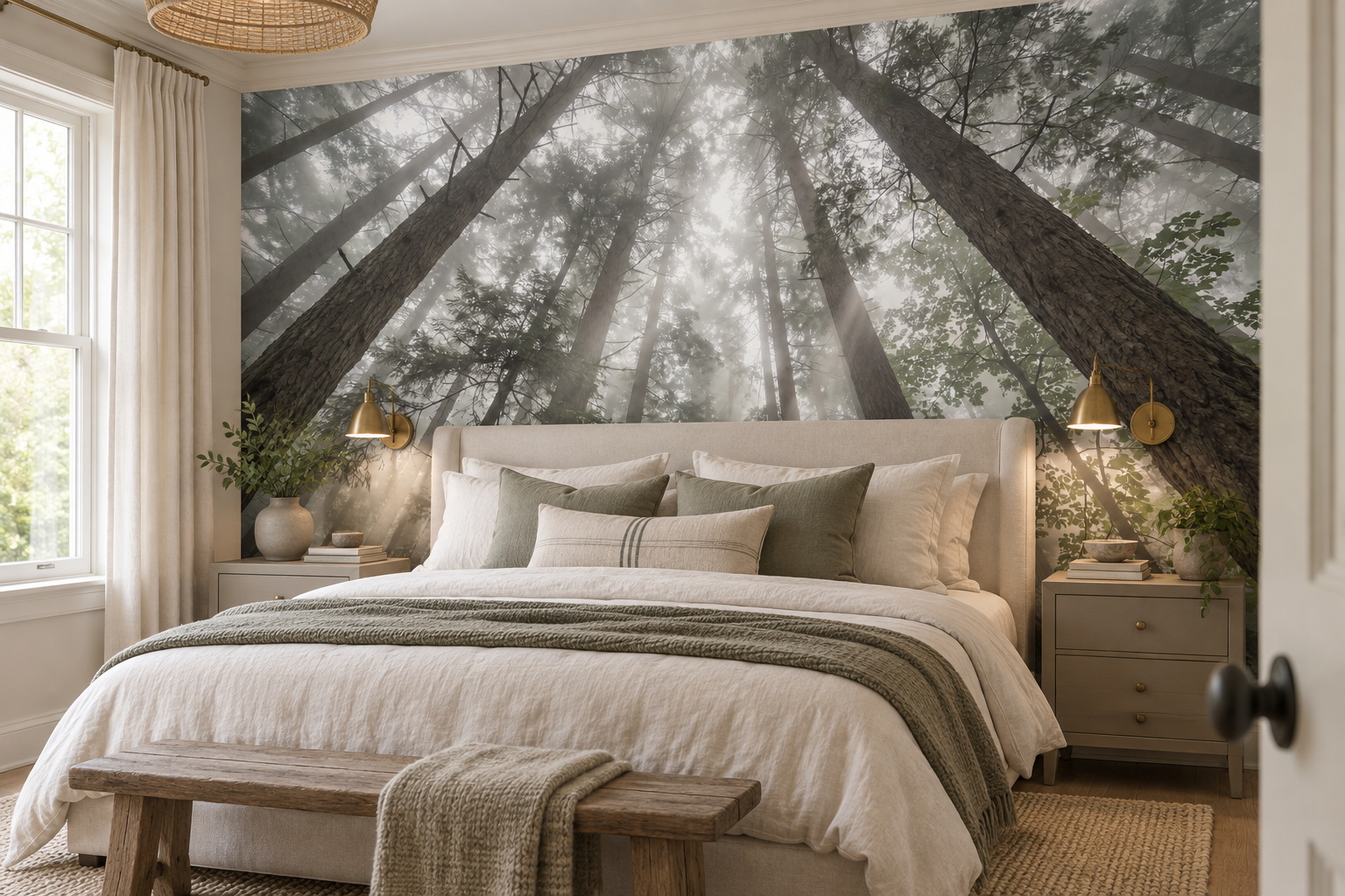 Grey Misty Forest Trees Wallpaper Mural — Installed Wallpaper Mural In A Bedroom, Peel-and-stick Finish