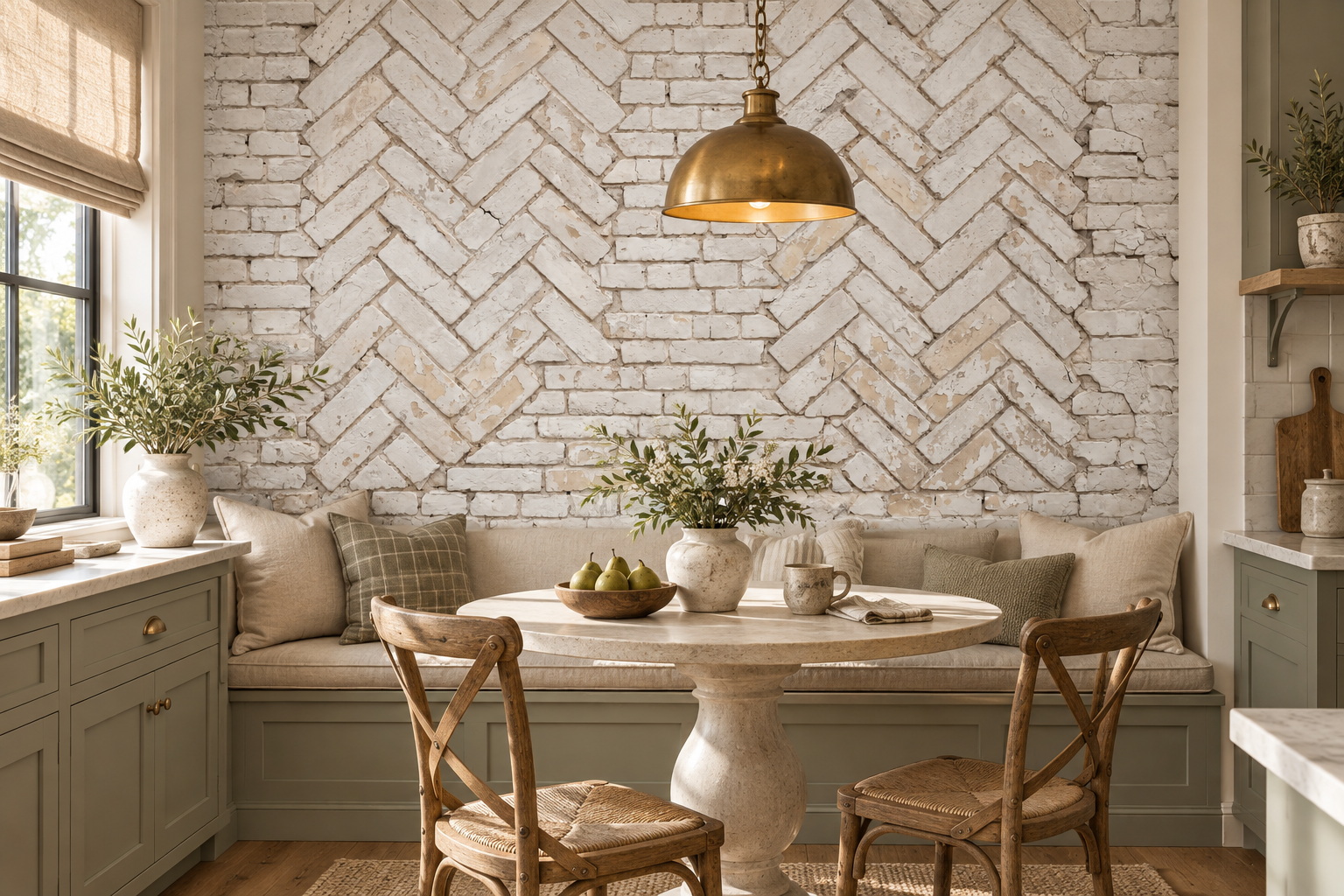 Ivory Brick Decorative Wallpaper Mural Dining-room-wallpaper-murals, Shown In A Dining Room, Peel-and-stick Finish