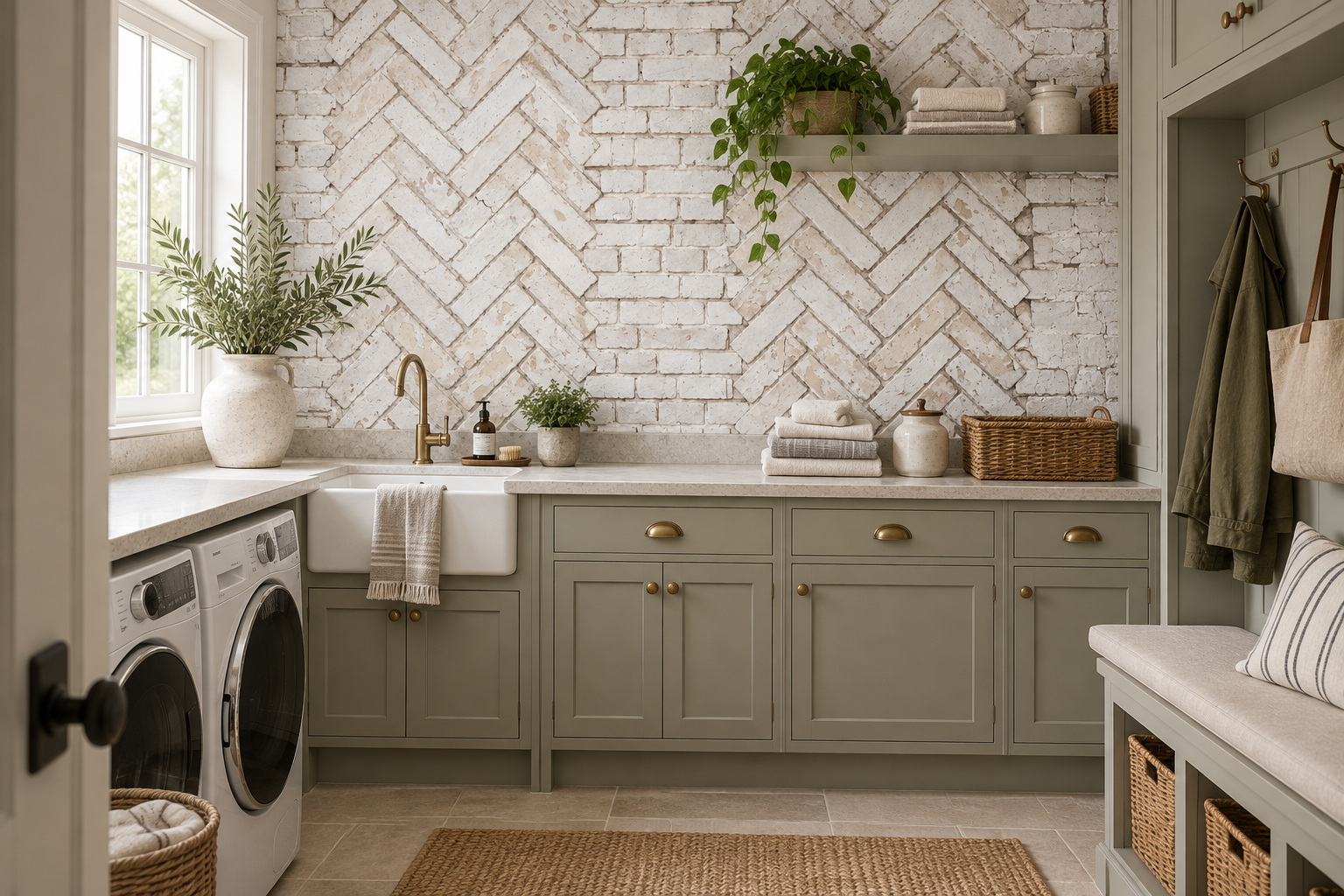 Ivory Brick Decorative Wallpaper Mural Laundry-room-wallpaper-murals, Peel-and-stick Finish