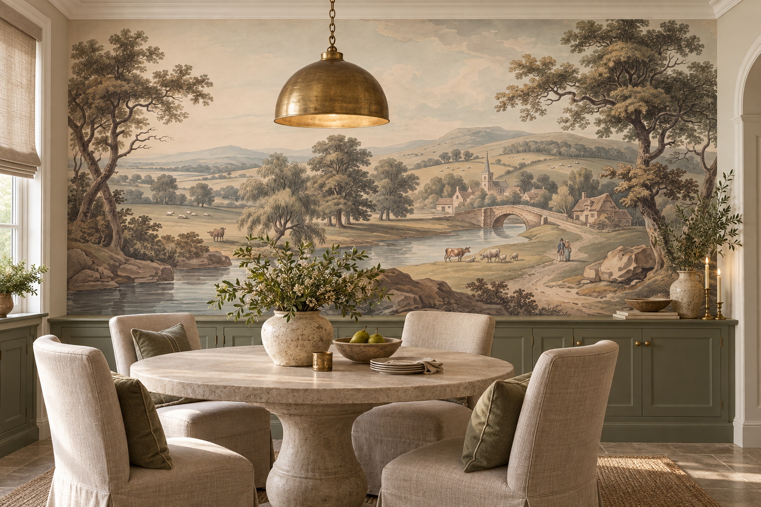 Tan Landscape Scenic Wallpaper Mural Dining-room-wallpaper-murals, Shown In A Dining Room, Peel-and-stick Finish