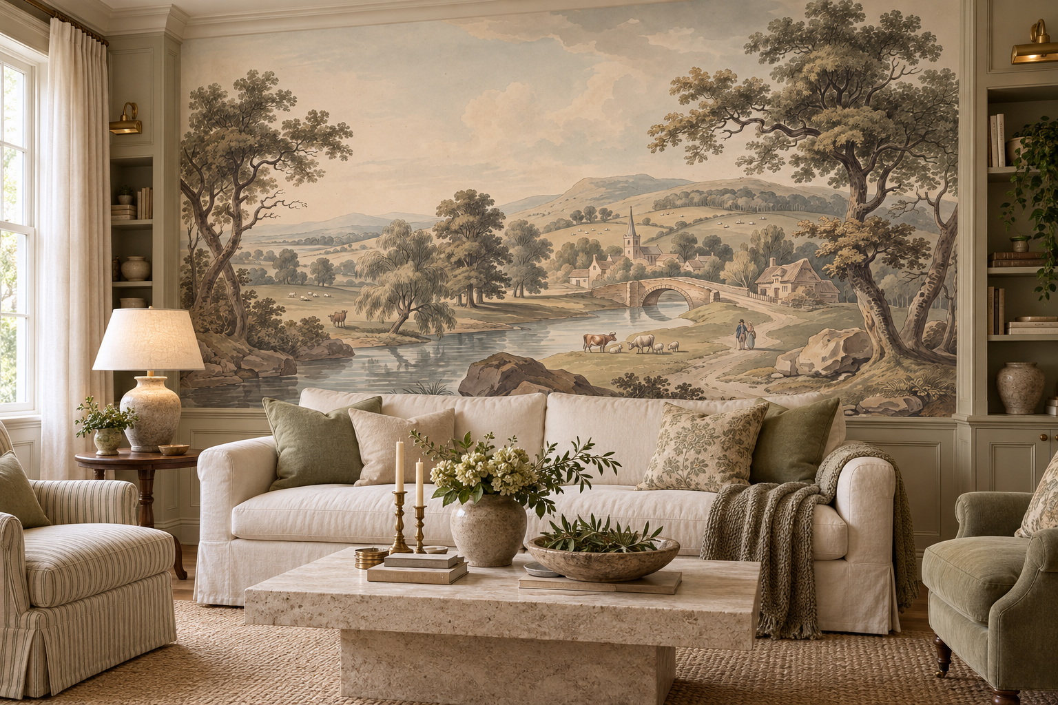 Countryside mural above painted panelling between built-in shelves in a living room