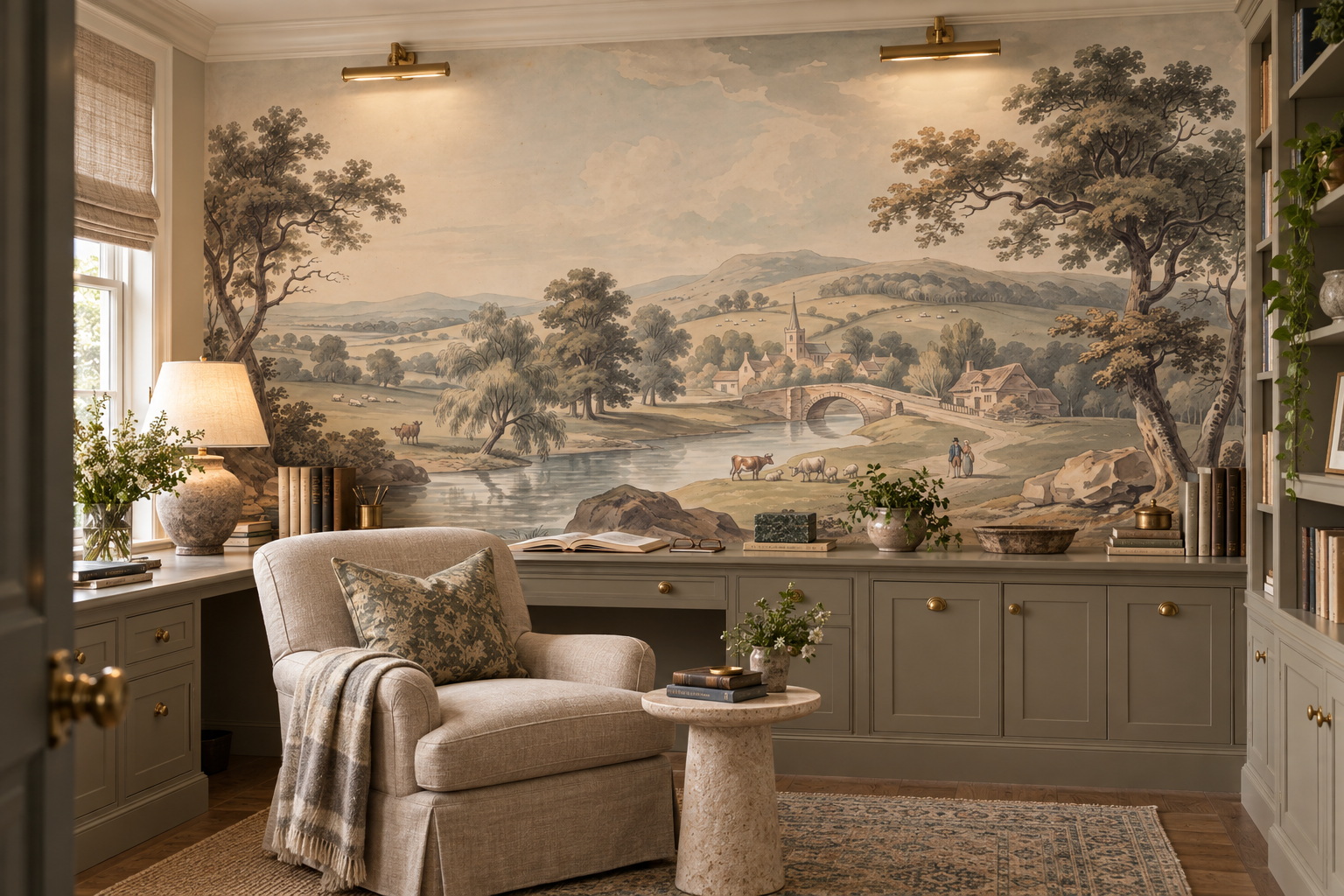 Traditional-style study with desk, bookshelves and a muted pastoral mural showing trees, river and distant buildings