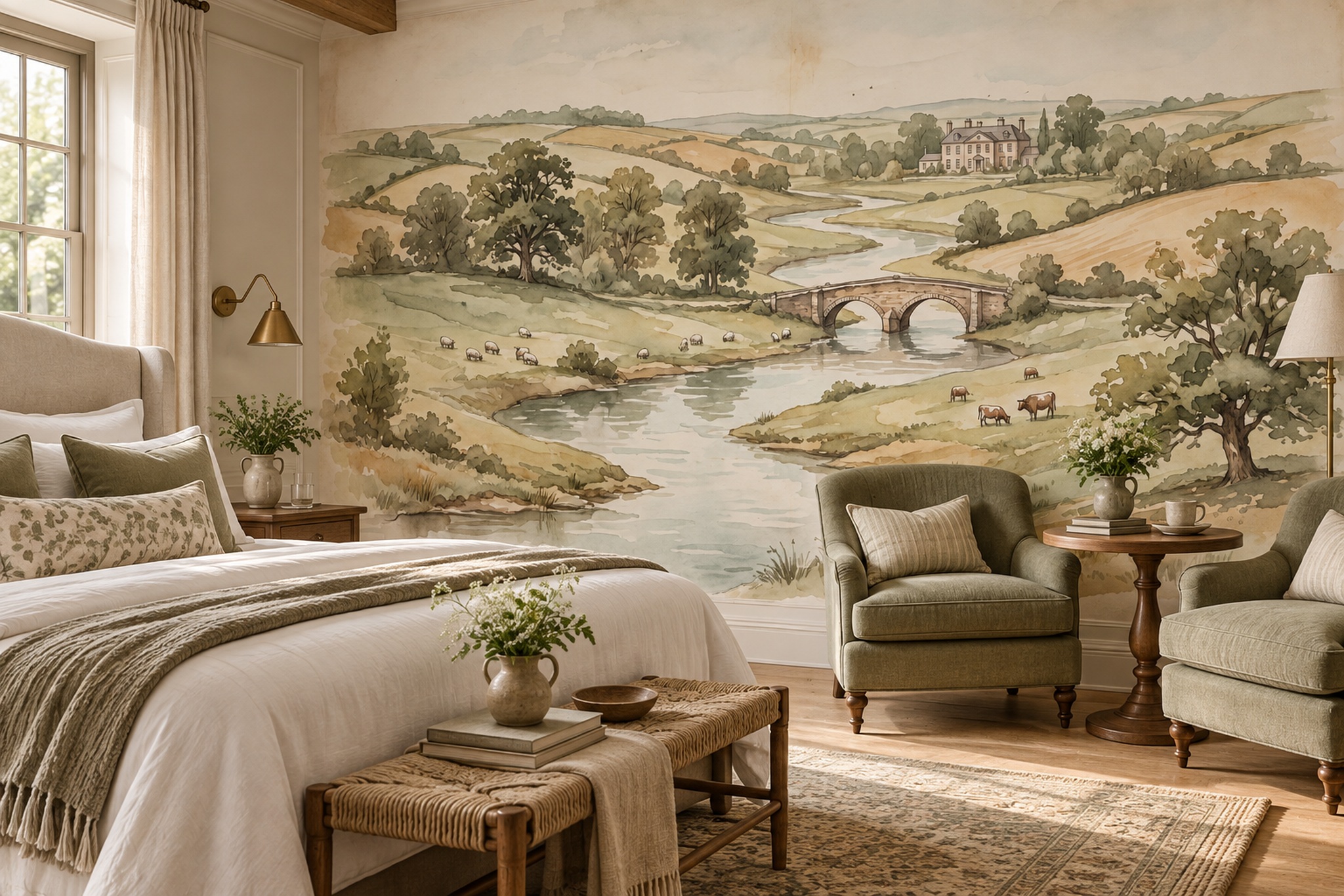 Sage Bridge Scenic Wallpaper Mural Bedroom-wallpaper-murals, Peel-and-stick Finish