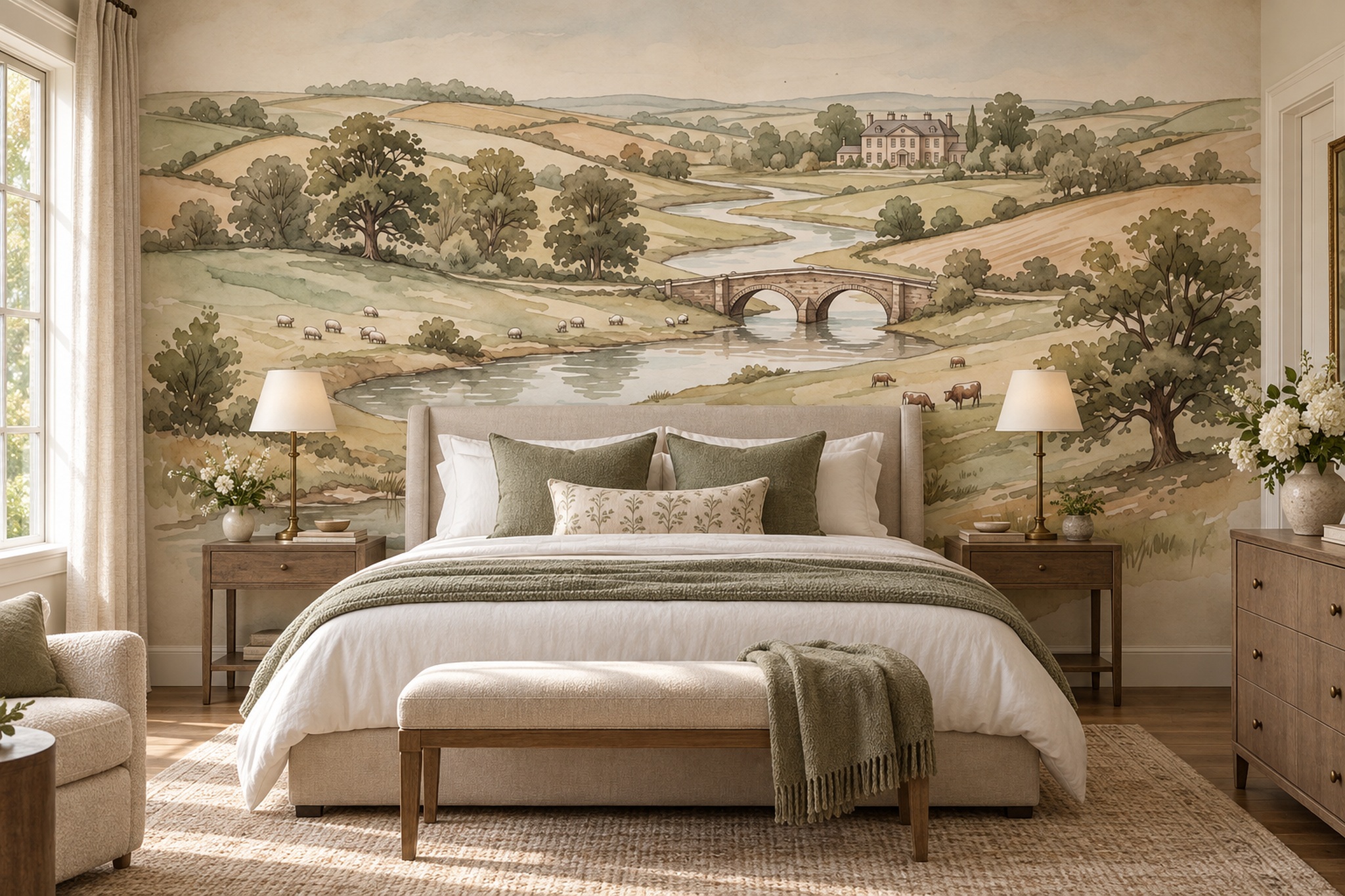 Sage Bridge Scenic Wallpaper Mural Bedroom-wallpaper-murals, Peel-and-stick Finish