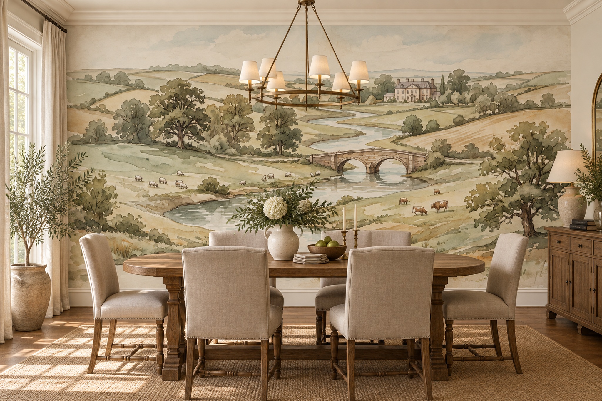 Sage River Bridge Countryside Wallpaper Mural — Wallpaper Mural Design, Peel-and-stick Finish