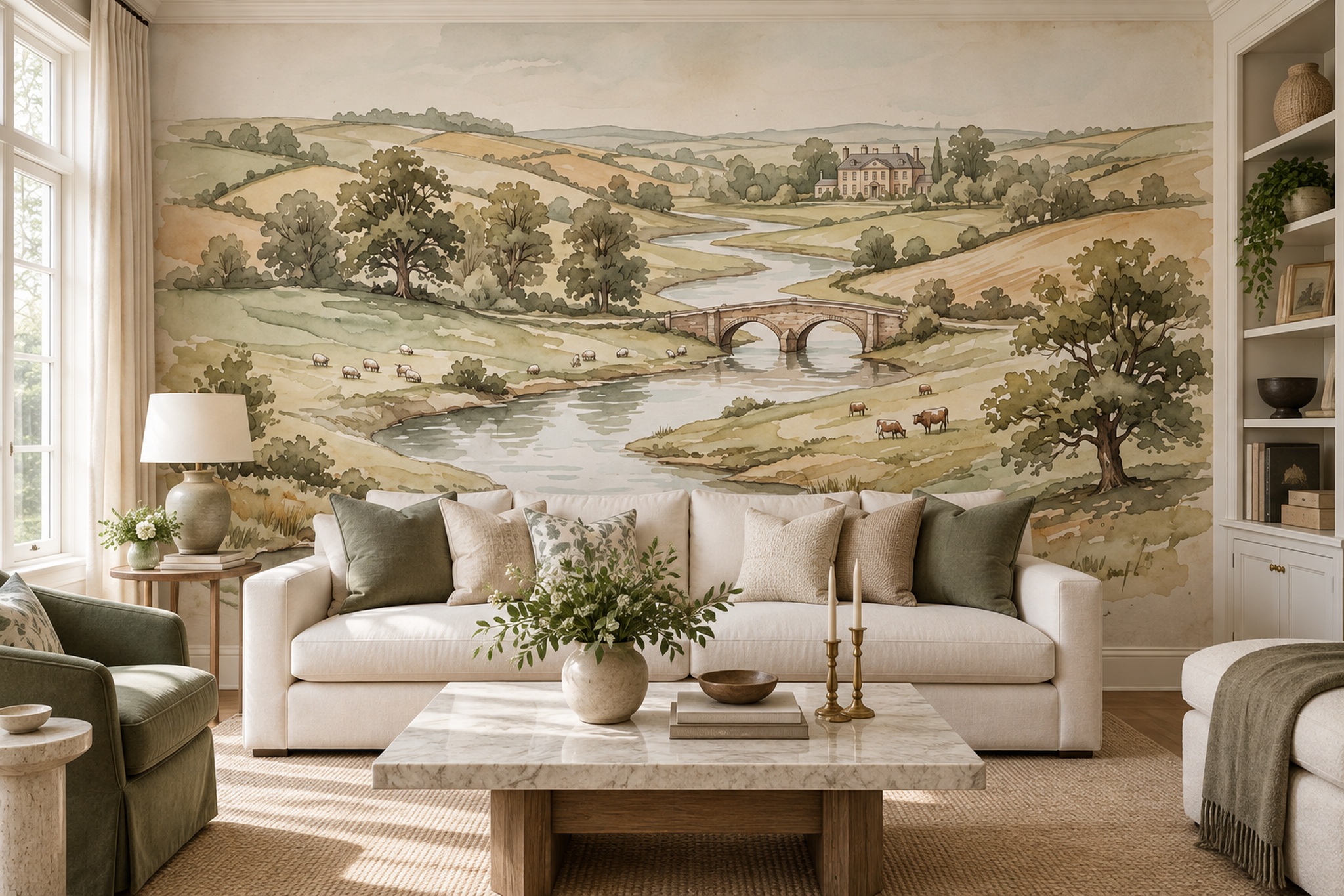 Sage Bridge Scenic Wallpaper Mural Feature-wall-wallpaper-murals, Peel-and-stick Finish