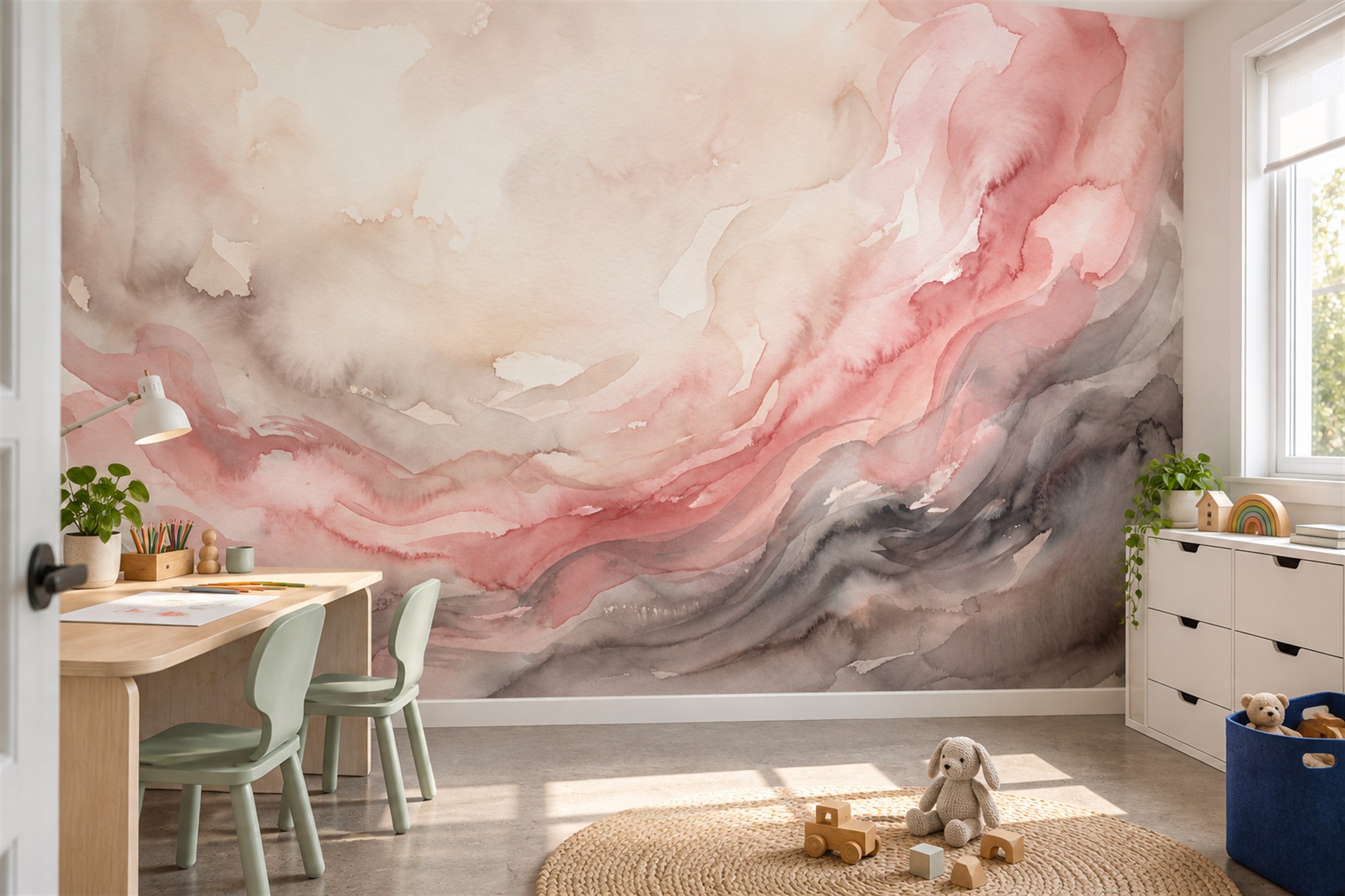 Pink Marble Decorative Wallpaper Mural Office-wallpaper-murals, Shown In A Home Office, Peel-and-stick Finish