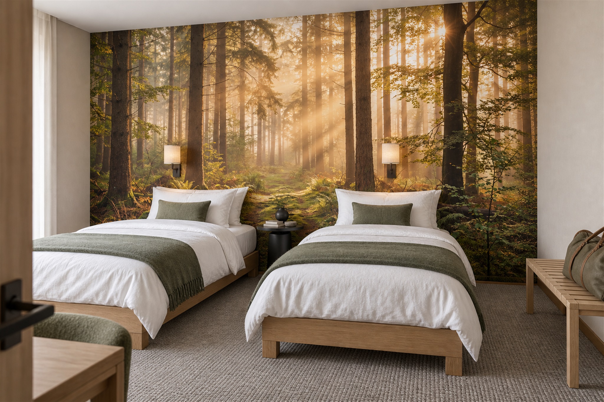 Forest mural behind twin beds with two wall sconces