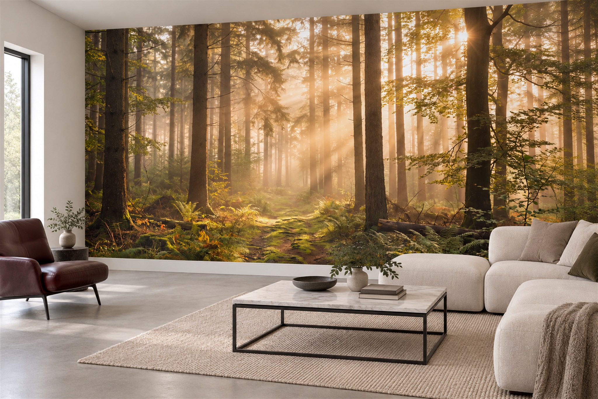 Sunlit Golden Forest Path Wallpaper Mural — Wallpaper Mural Design, Peel-and-stick Finish