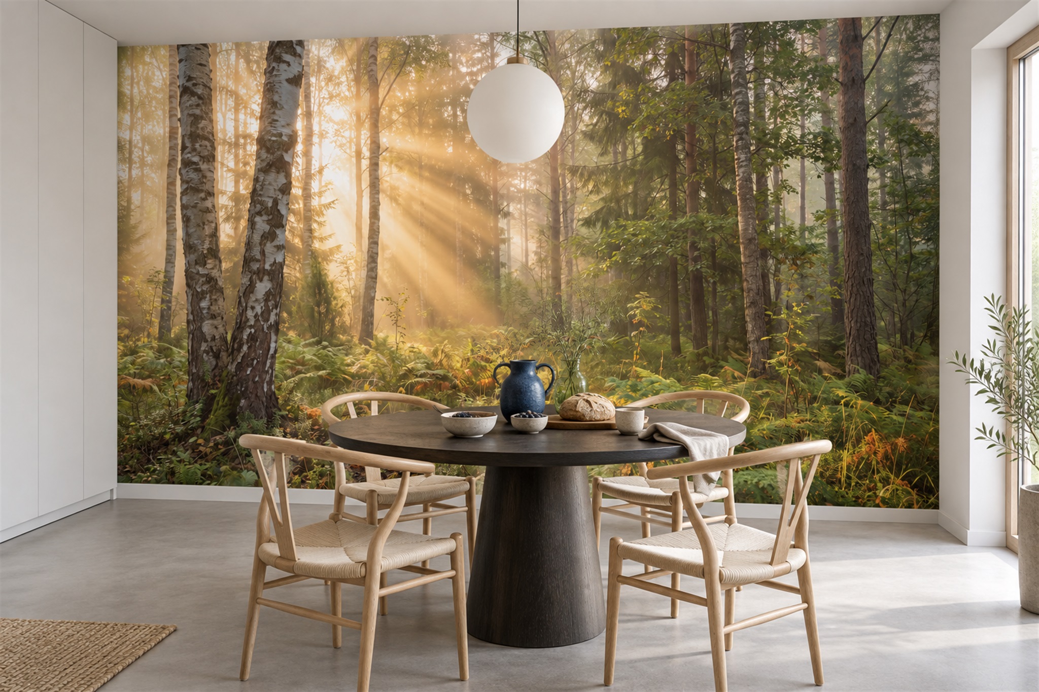 Green Birch Scenic Wallpaper Mural Dining-room-wallpaper-murals, Shown In A Dining Room, Peel-and-stick Finish