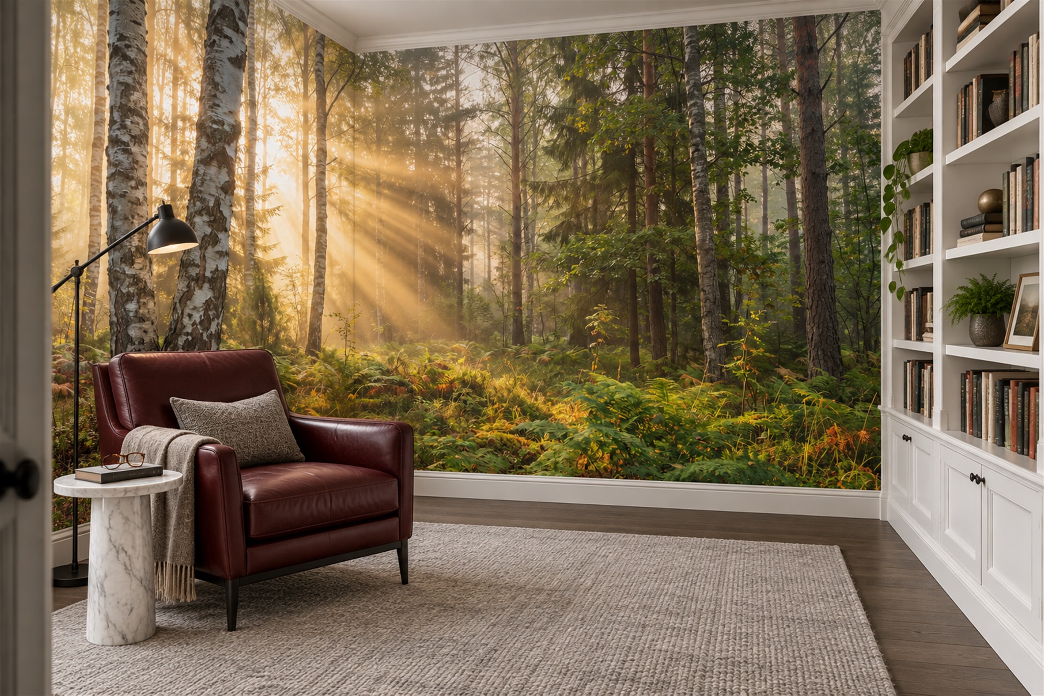 Green Birch Scenic Wallpaper Mural Office-wallpaper-murals, Shown In A Home Office, Peel-and-stick Finish