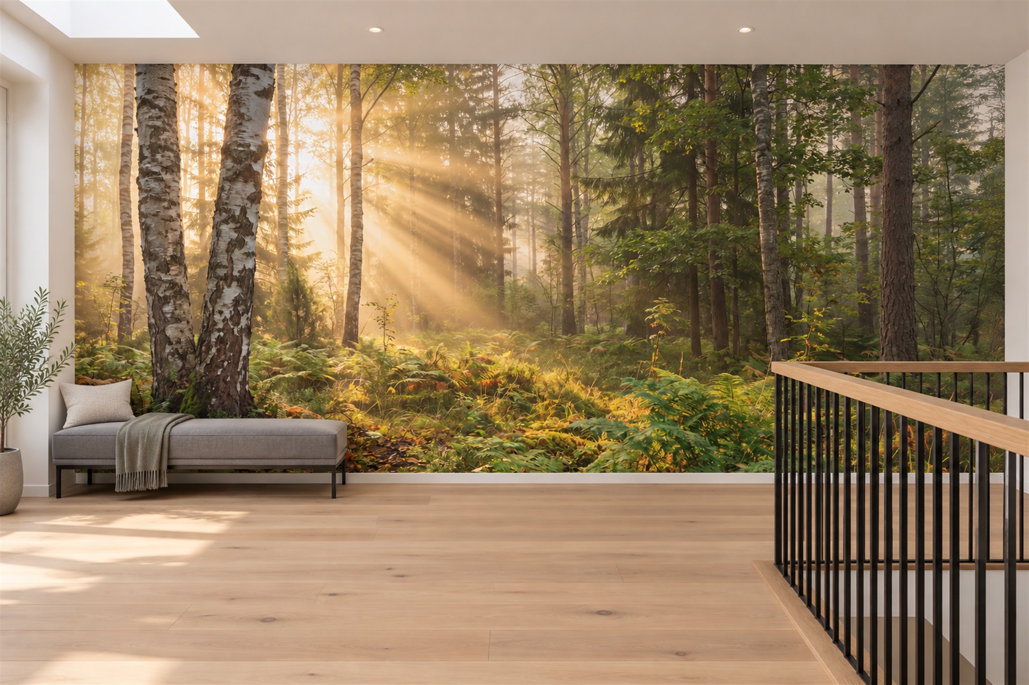 Green Birch Scenic Wallpaper Mural Office-wallpaper-murals, Shown In A Home Office, Peel-and-stick Finish