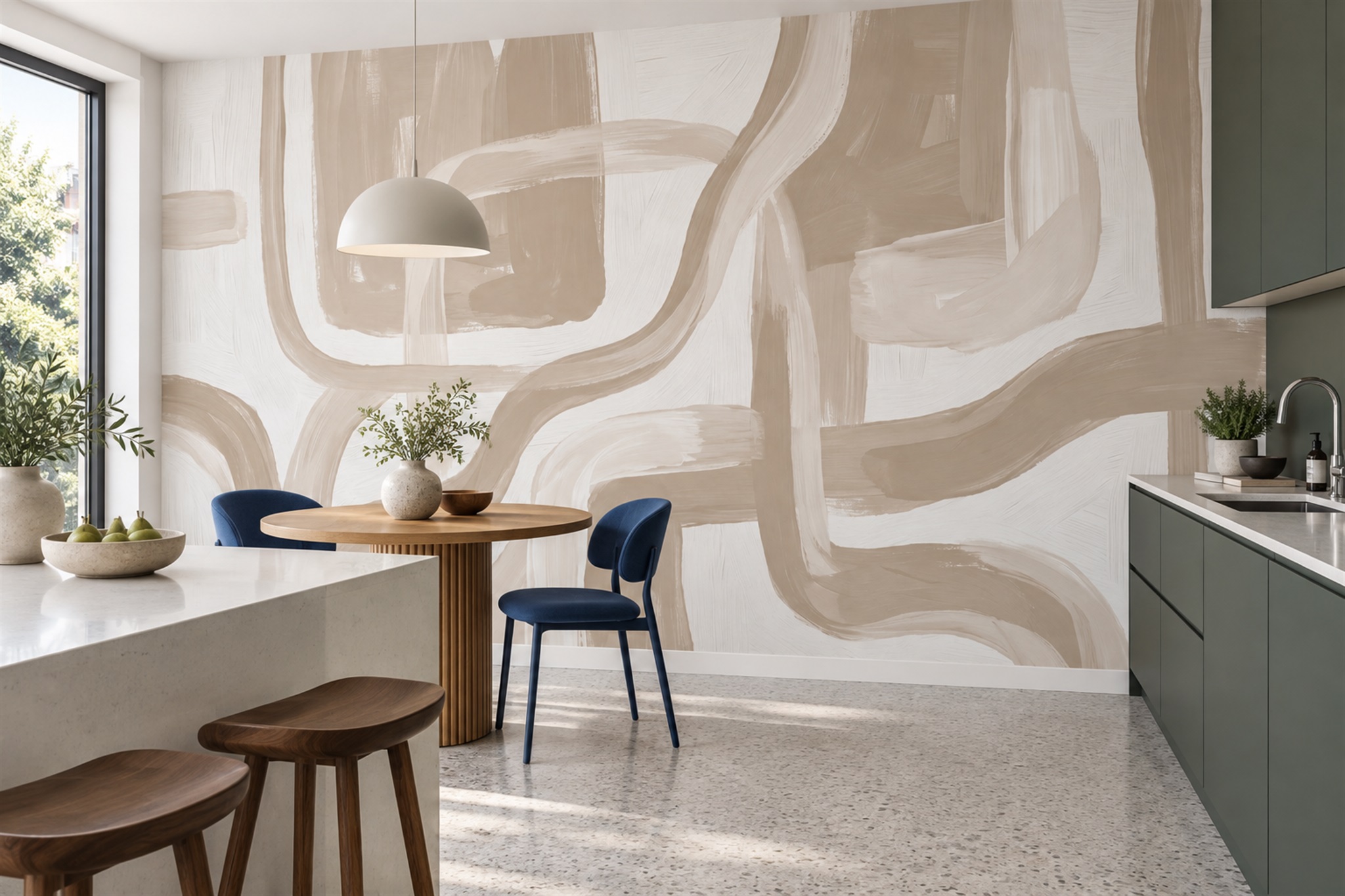 Beige Linear Abstract Wallpaper Mural Dining-room-wallpaper-murals, Shown In A Dining Room, Peel-and-stick Finish