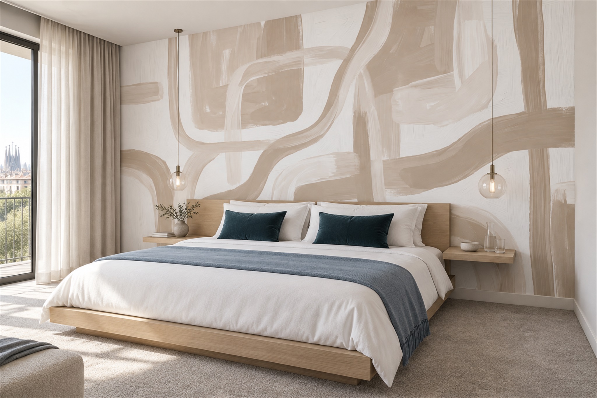Broad beige brush forms behind a low timber bed in a restrained room