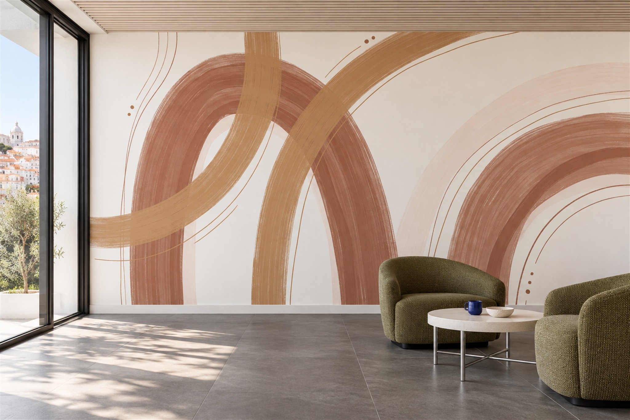 Terracotta Arches And Sweeping Lines Abstract Wallpaper Mural — Wallpaper Mural Design, Peel-and-stick Finish