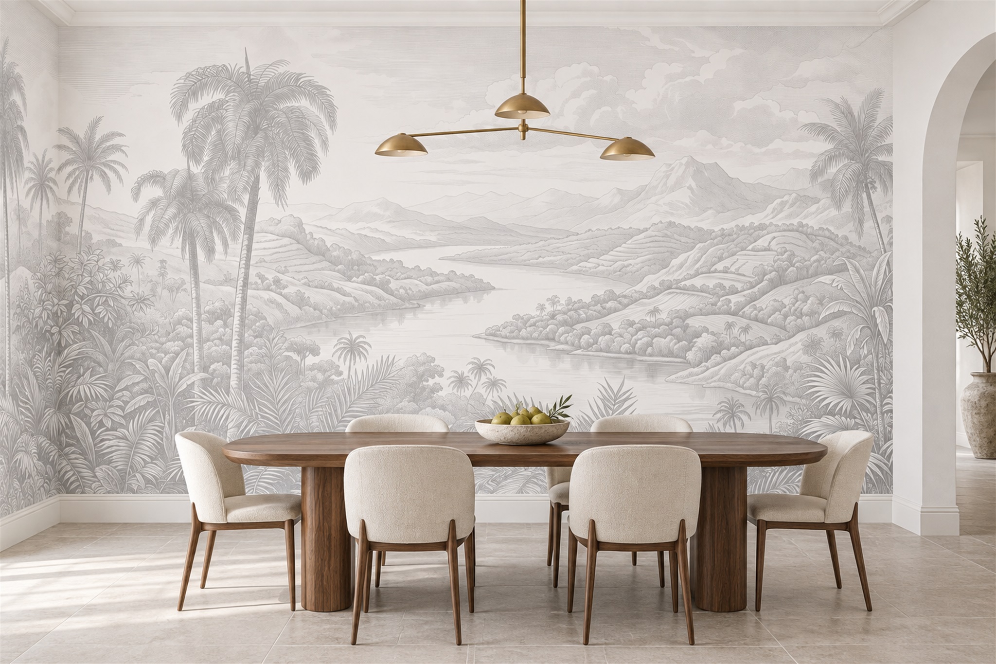 Grey Palm Artful Wallpaper Mural Dining-room-wallpaper-murals, Shown In A Dining Room, Peel-and-stick Finish