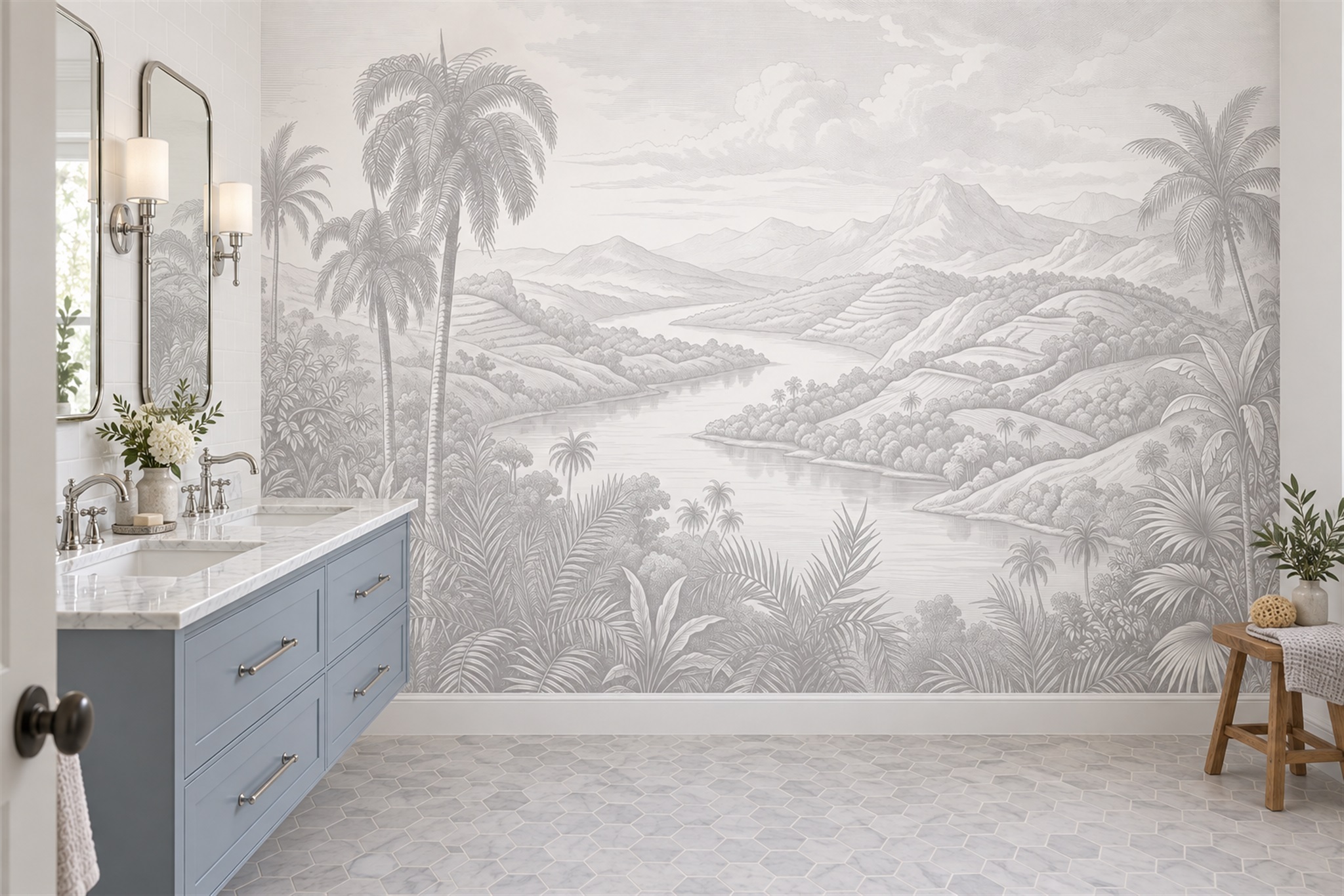 Grey Palm Artful Wallpaper Mural Bathroom-wallpaper-murals, Peel-and-stick Finish