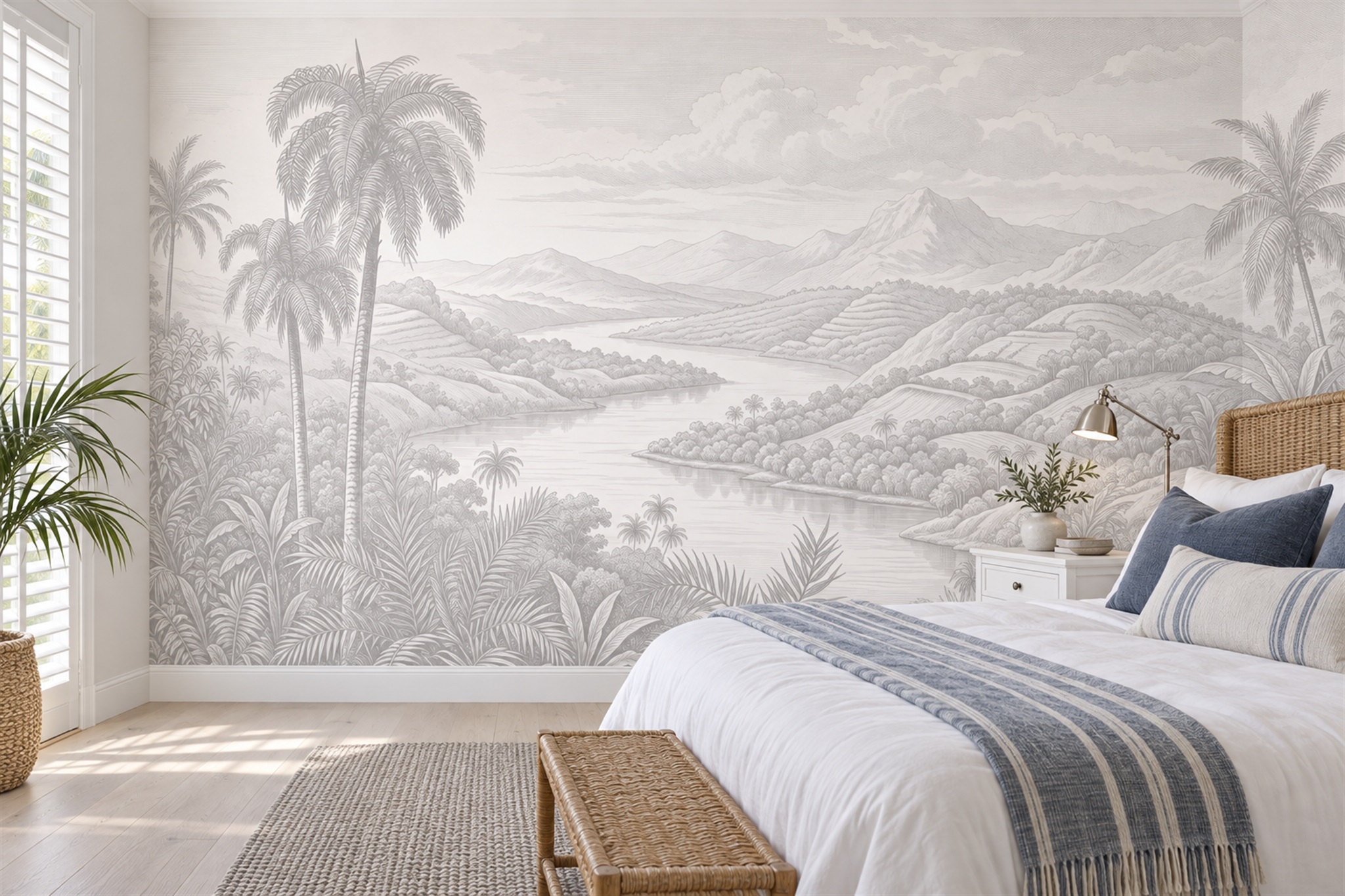 Grey Palm Artful Wallpaper Mural Bedroom-wallpaper-murals, Peel-and-stick Finish
