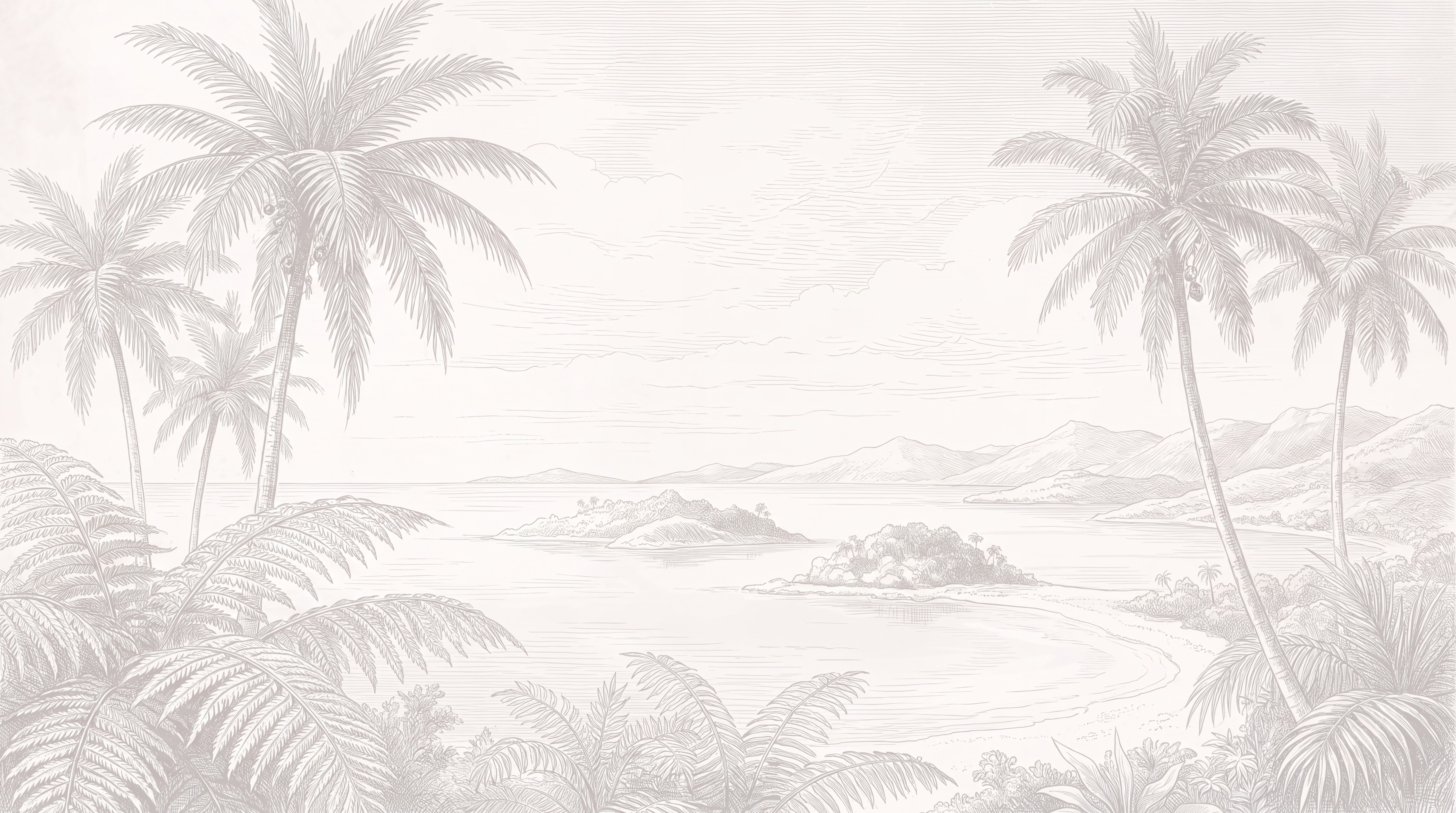 Pale engraved coastal scene with palms, distant shoreline and foreground foliage