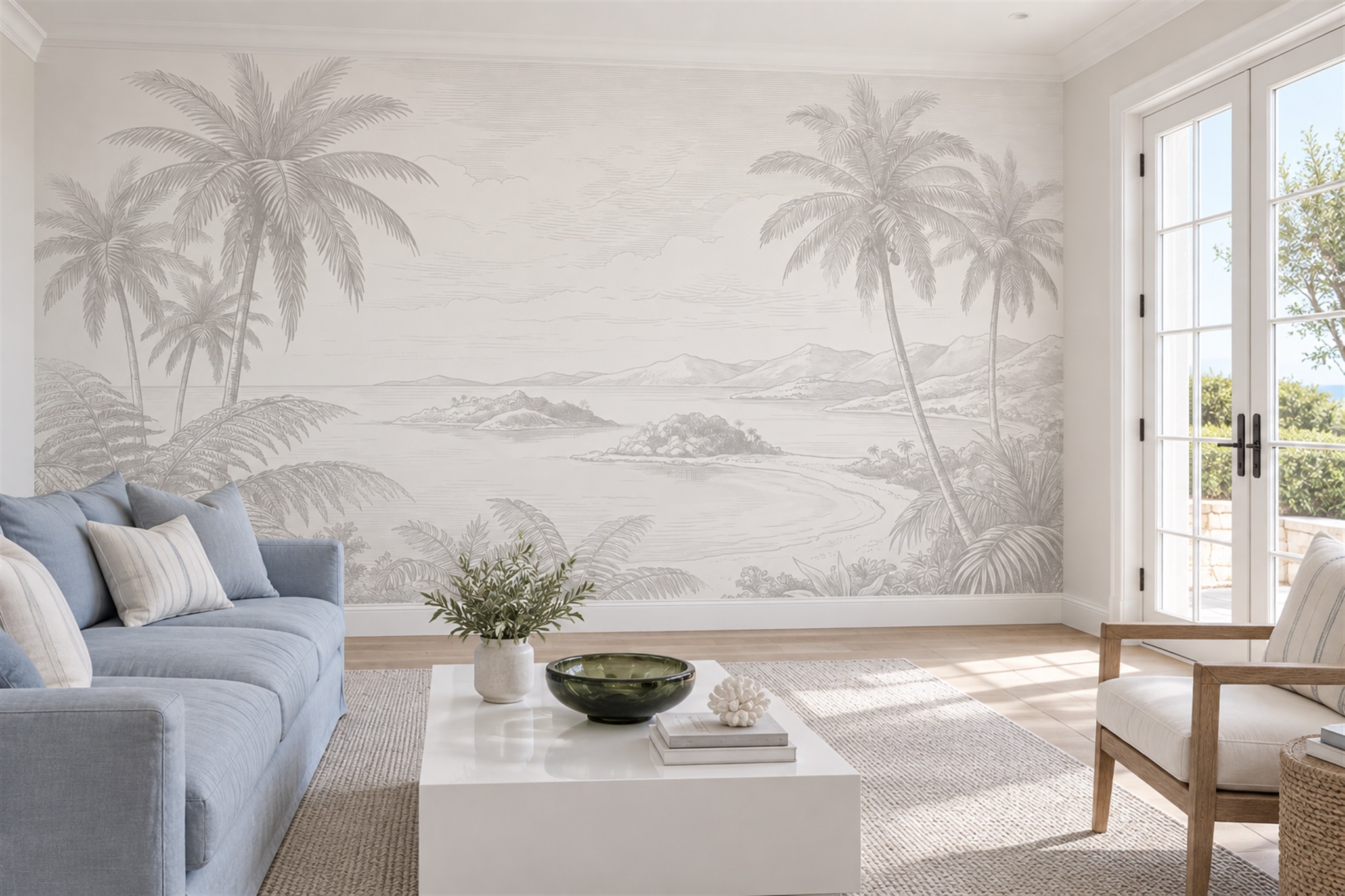 Pale engraved tropical coast mural behind a blue sofa in a living room