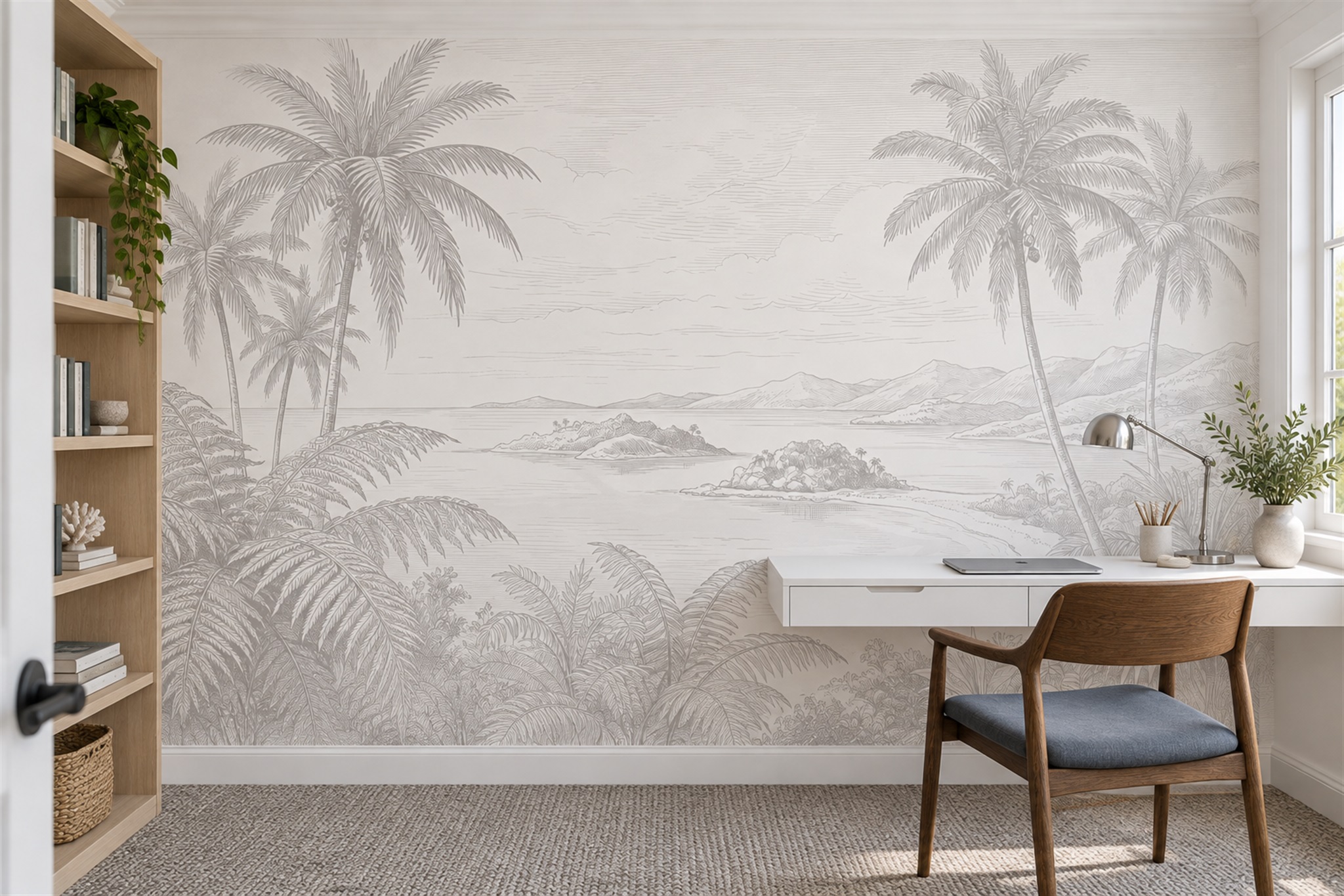 Grey Coastal Scenic Wallpaper Mural Office-wallpaper-murals, Shown In A Home Office, Peel-and-stick Finish