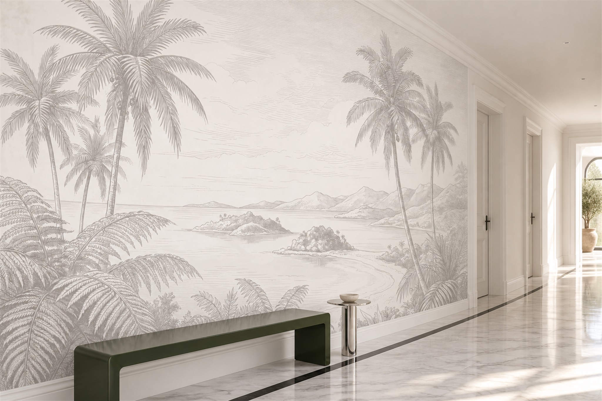 Grey Coastal Scenic Wallpaper Mural Office-wallpaper-murals, Shown In A Home Office, Peel-and-stick Finish