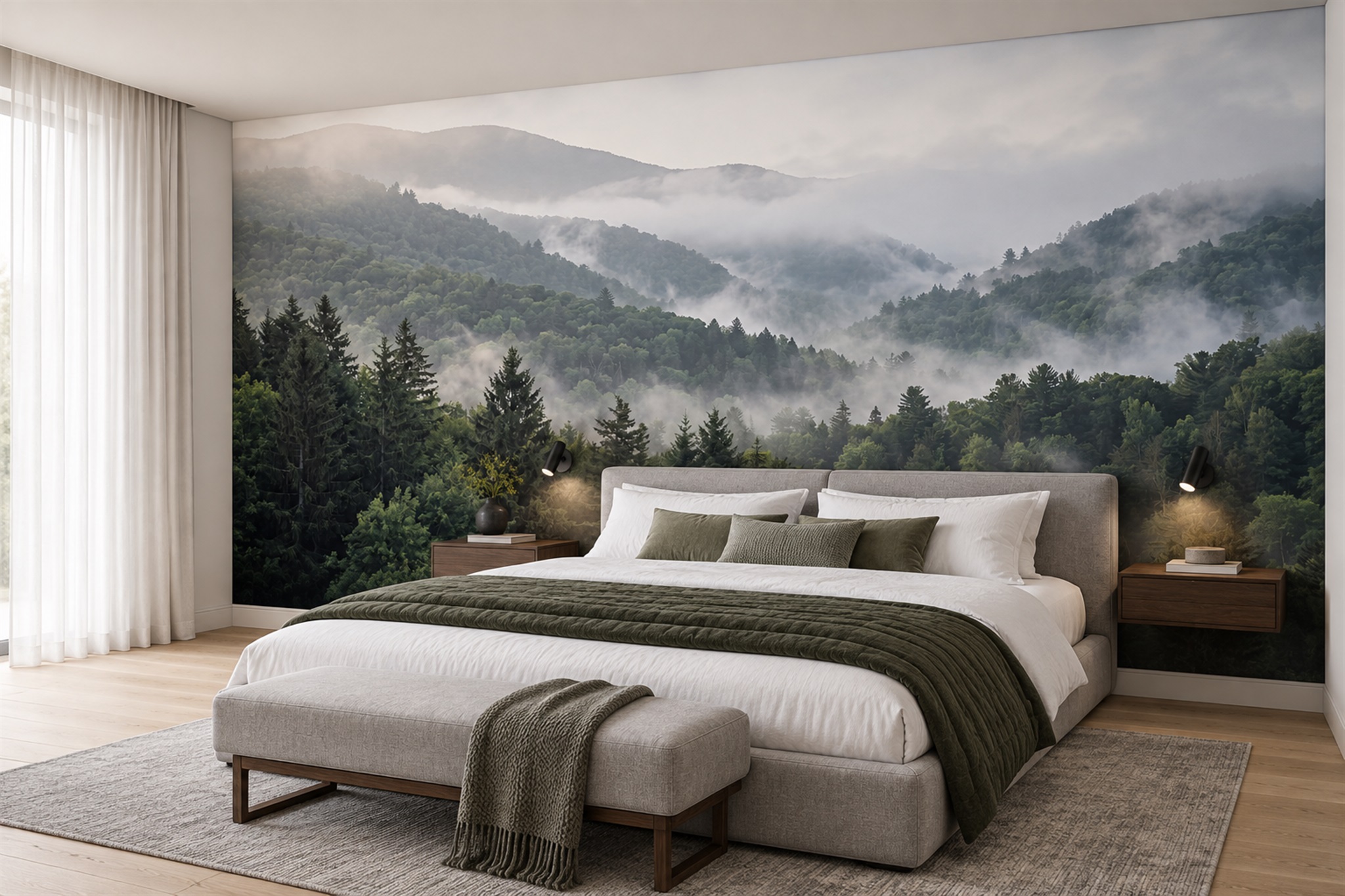 Green Forest Scenic Decorative Wallpaper Mural Bedroom-wallpaper-murals, Peel-and-stick Finish
