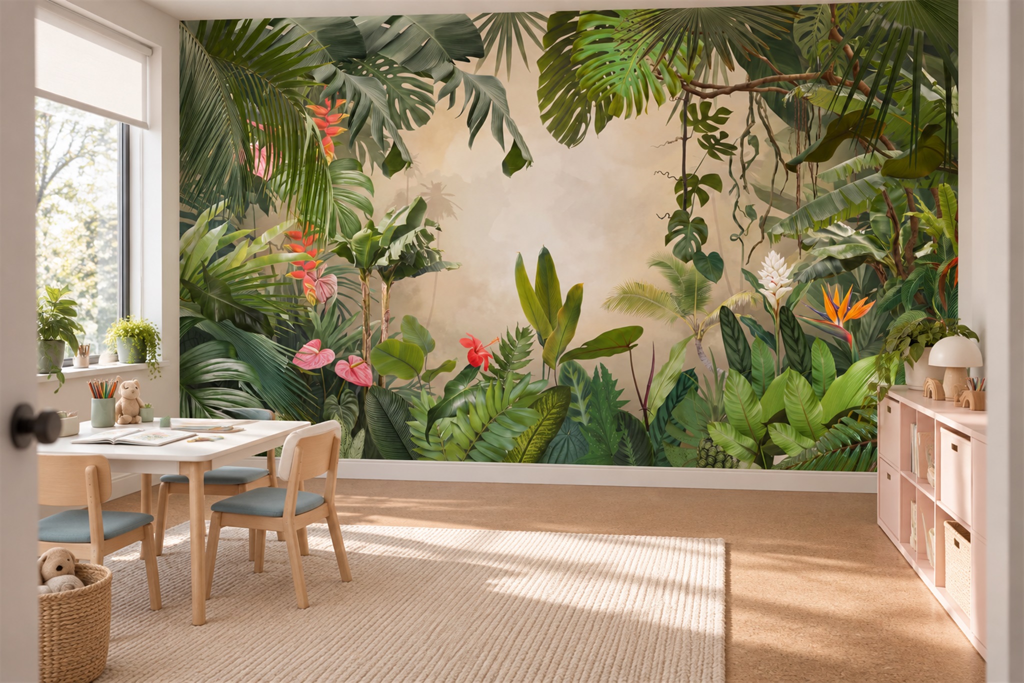 Green Jungle Scenic Wallpaper Mural Office-wallpaper-murals, Shown In A Home Office, Peel-and-stick Finish