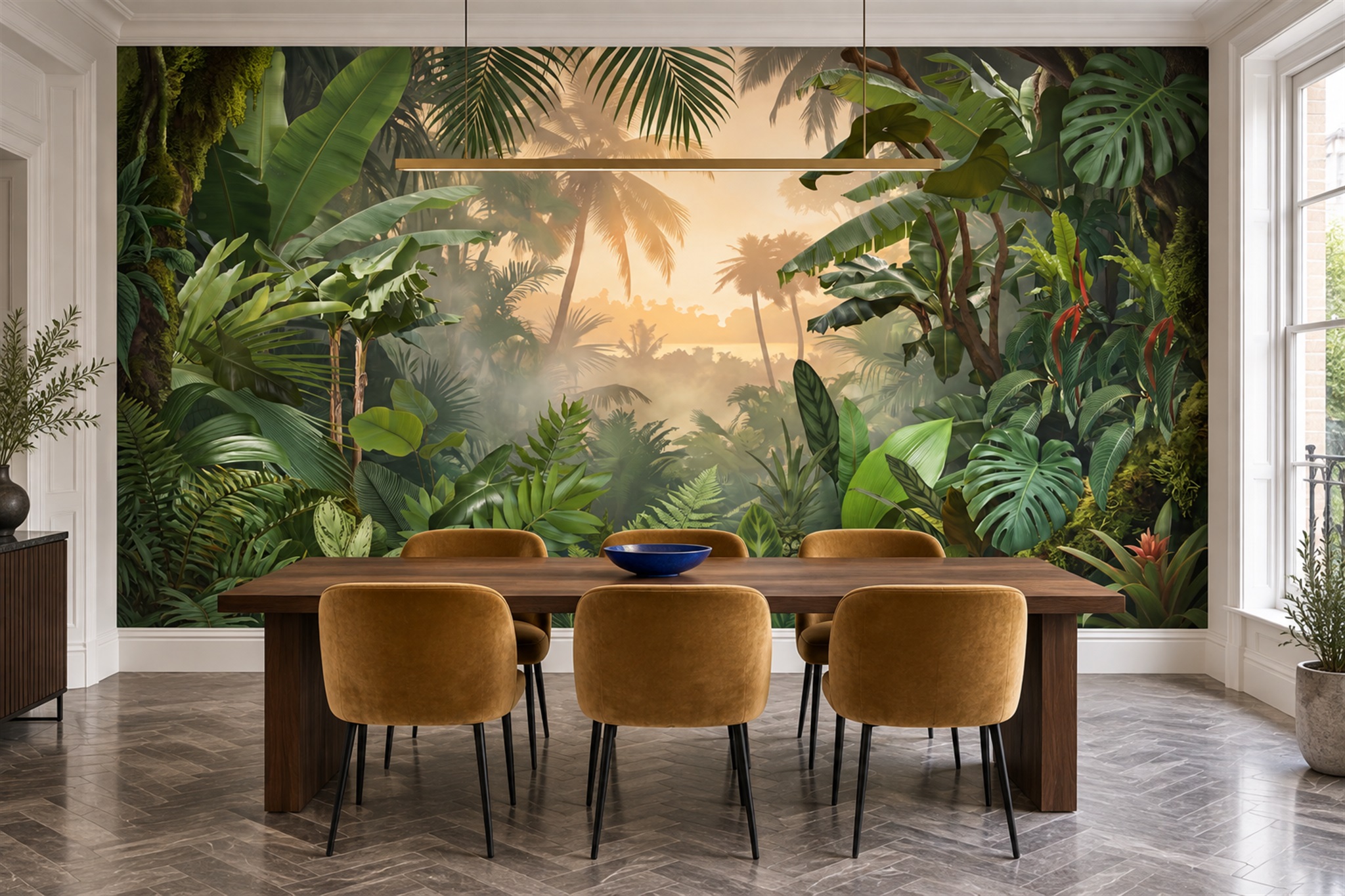 Green Palm Artful Wallpaper Mural Dining-room-wallpaper-murals, Shown In A Dining Room, Peel-and-stick Finish