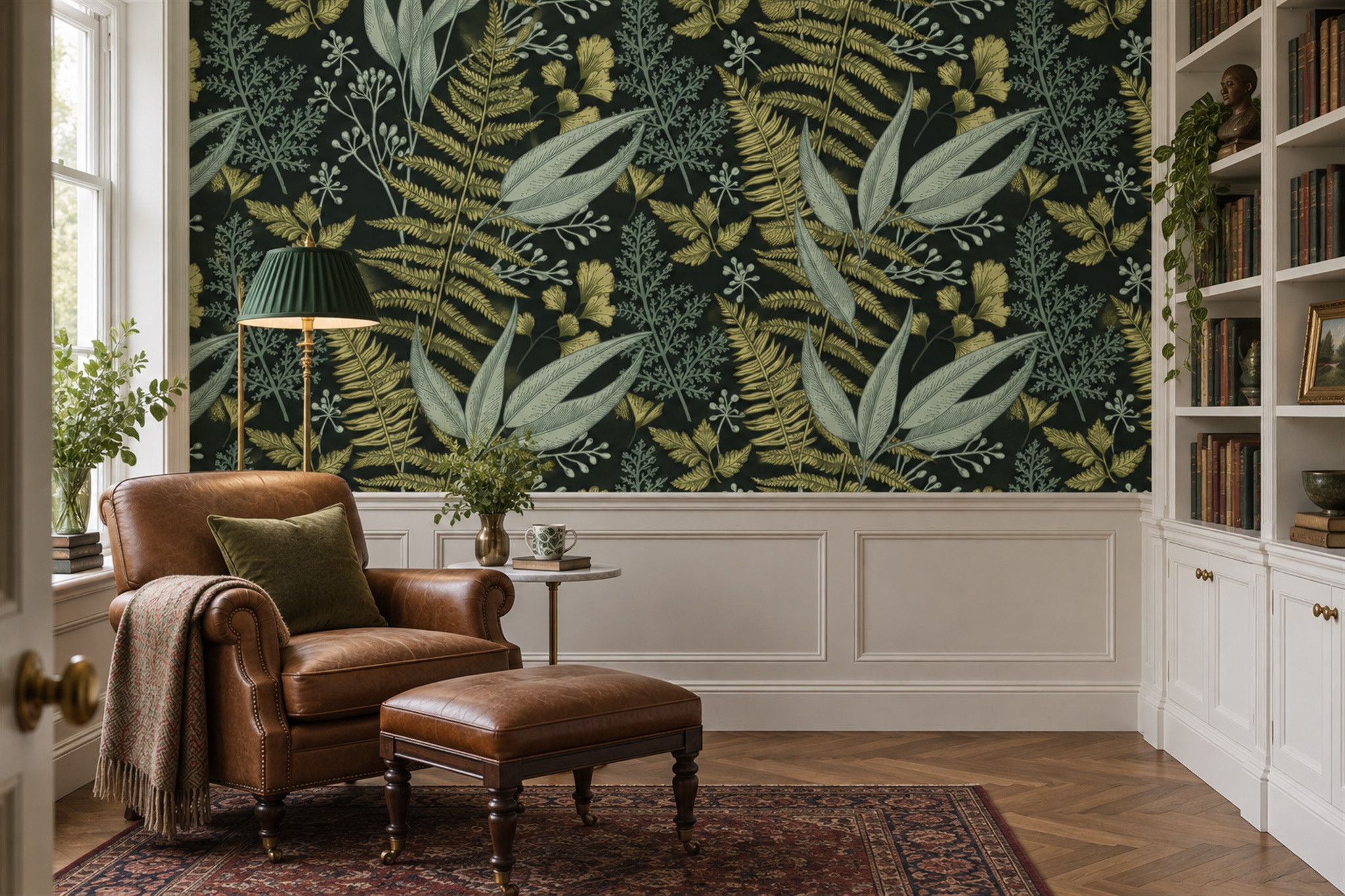 Sage And Olive Ferns On Deep Charcoal Wallpaper Mural — Installed Wallpaper Mural In A Home Office, Peel-and-stick Finish