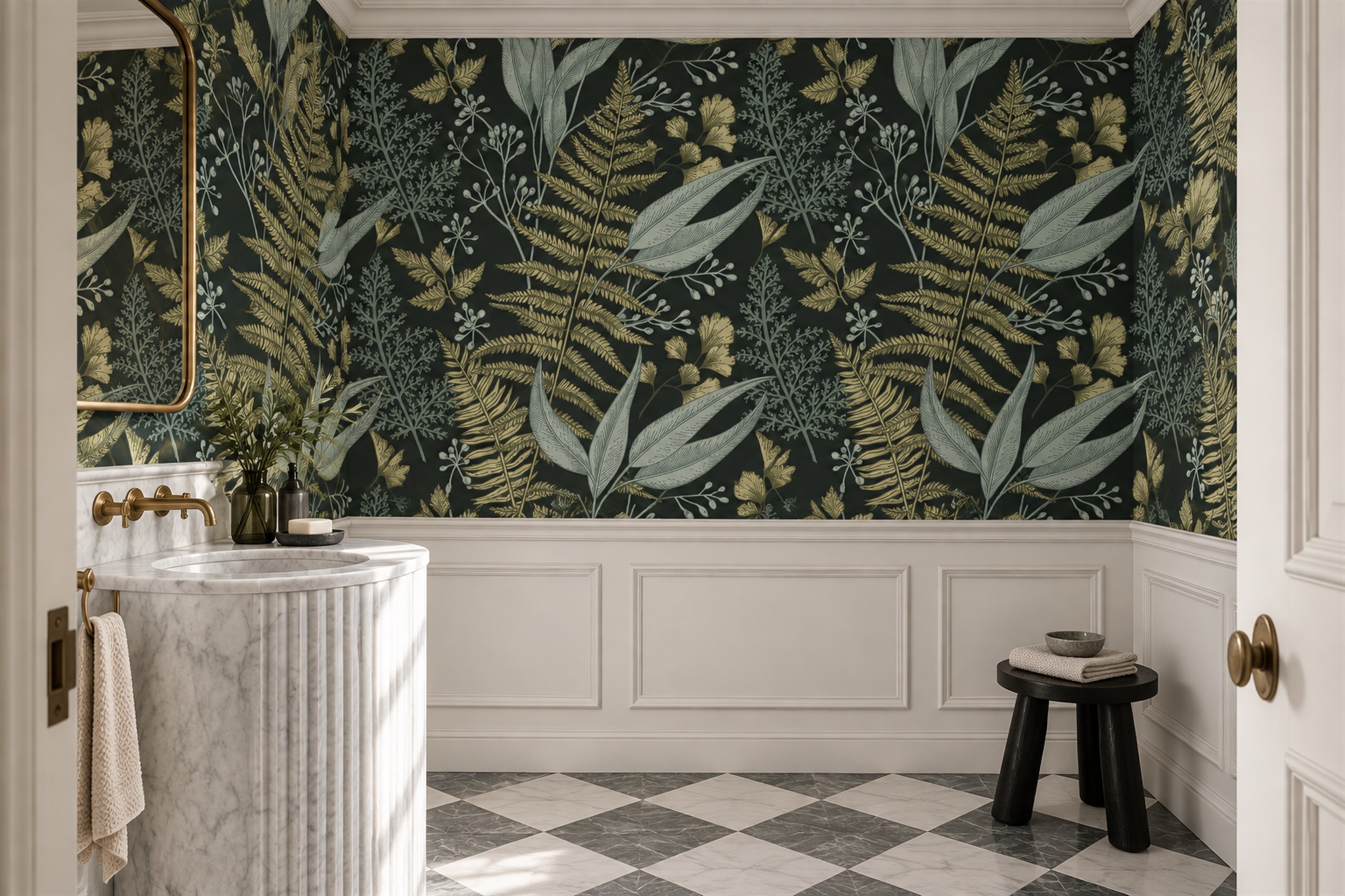 Olive Fern Botanical Wallpaper Mural Powder-room-wallpaper-murals, Peel-and-stick Finish