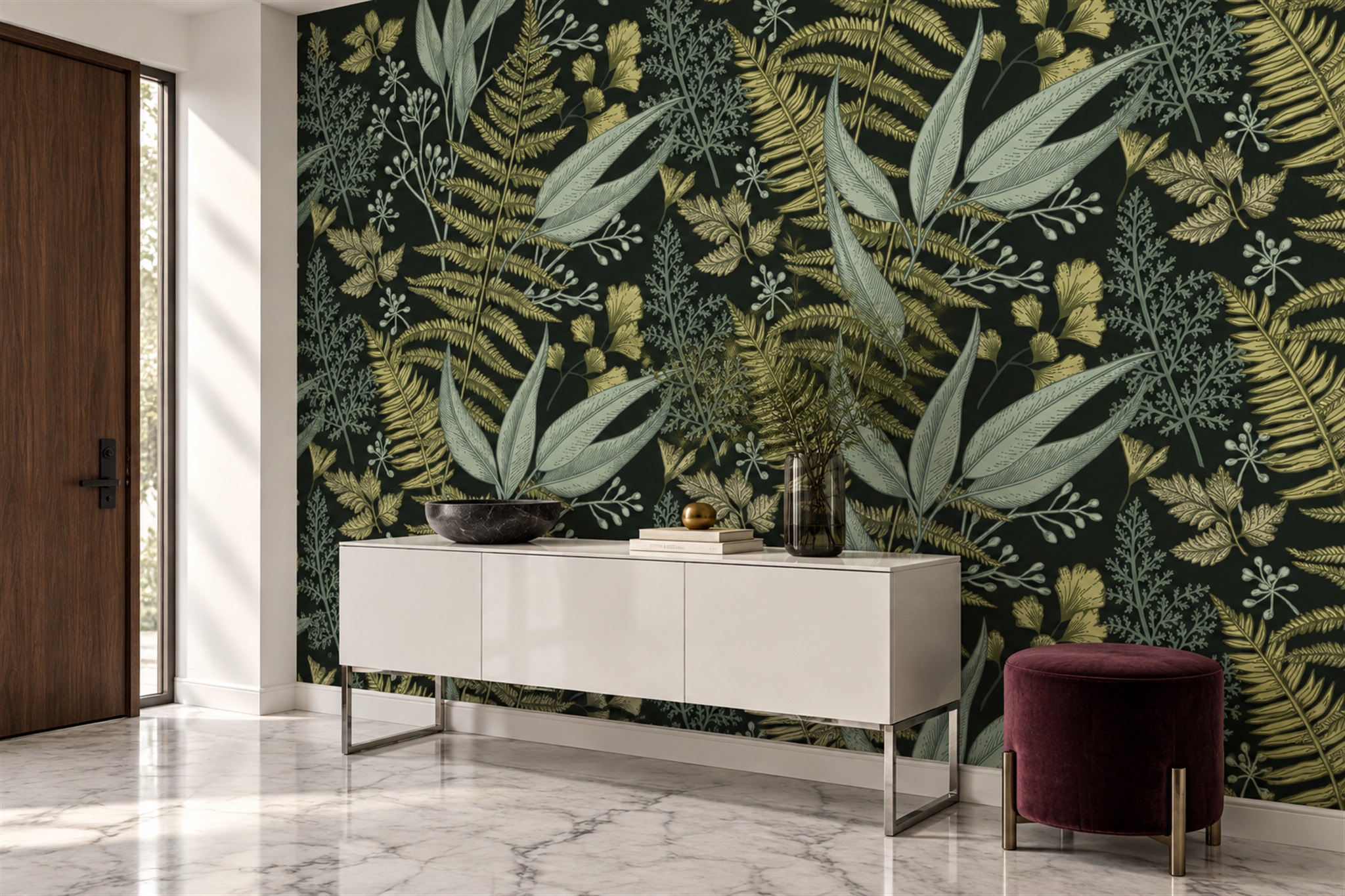 Olive Fern Botanical Wallpaper Mural Powder-room-wallpaper-murals, Peel-and-stick Finish