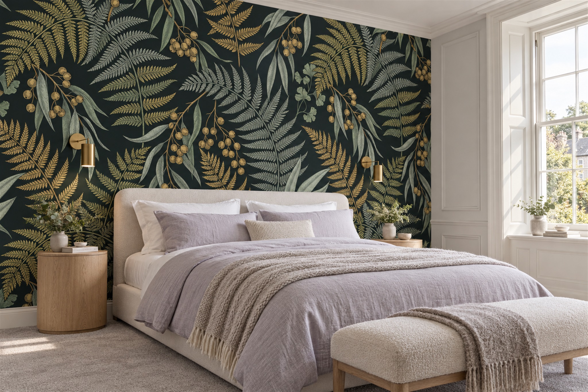 Olive And Gold Ferns On A Dark Ground Wallpaper Mural — Installed Wallpaper Mural In A Bedroom, Peel-and-stick Finish