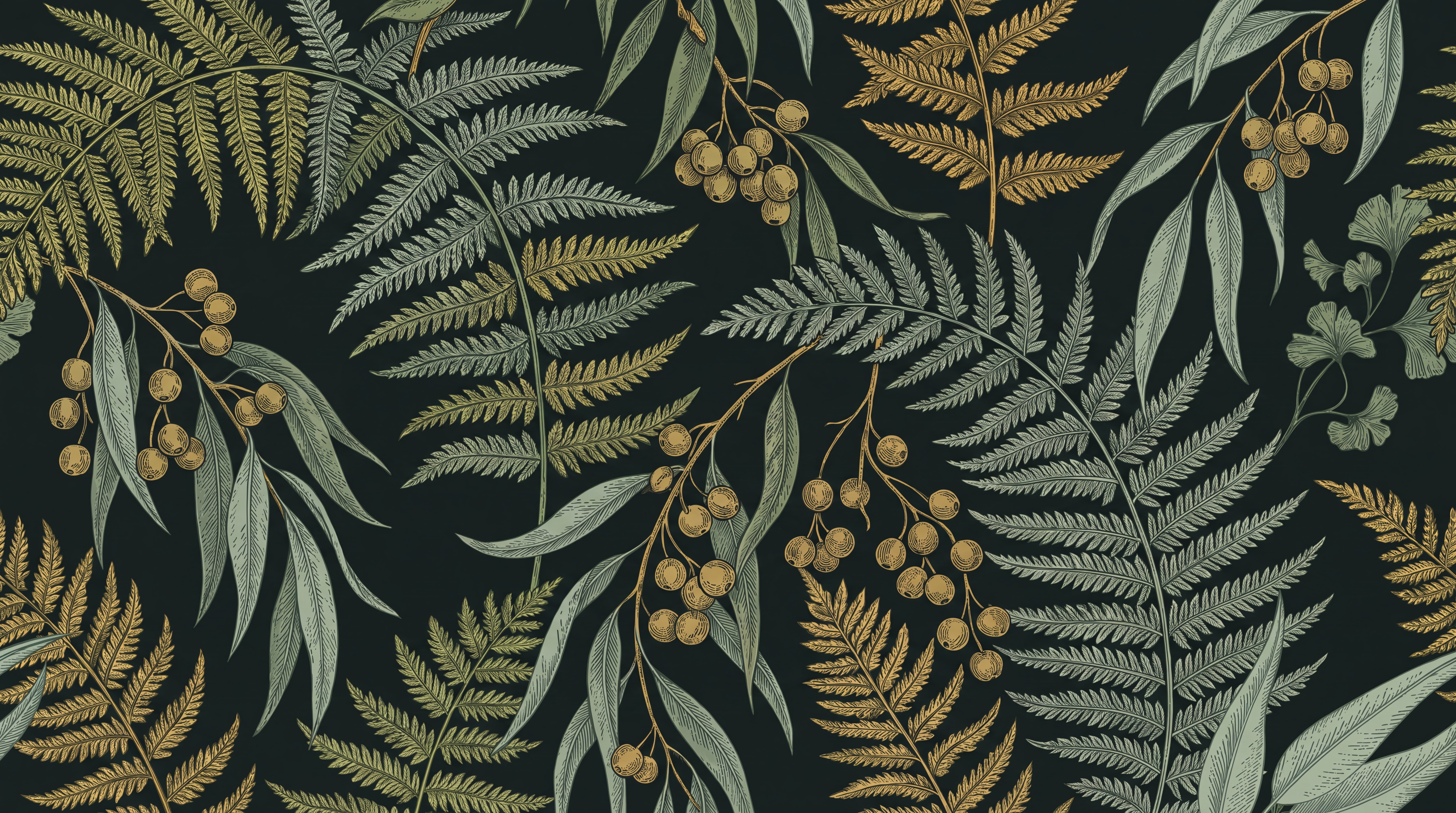 Dark botanical artwork with fine fern fronds, narrow leaves and round berries