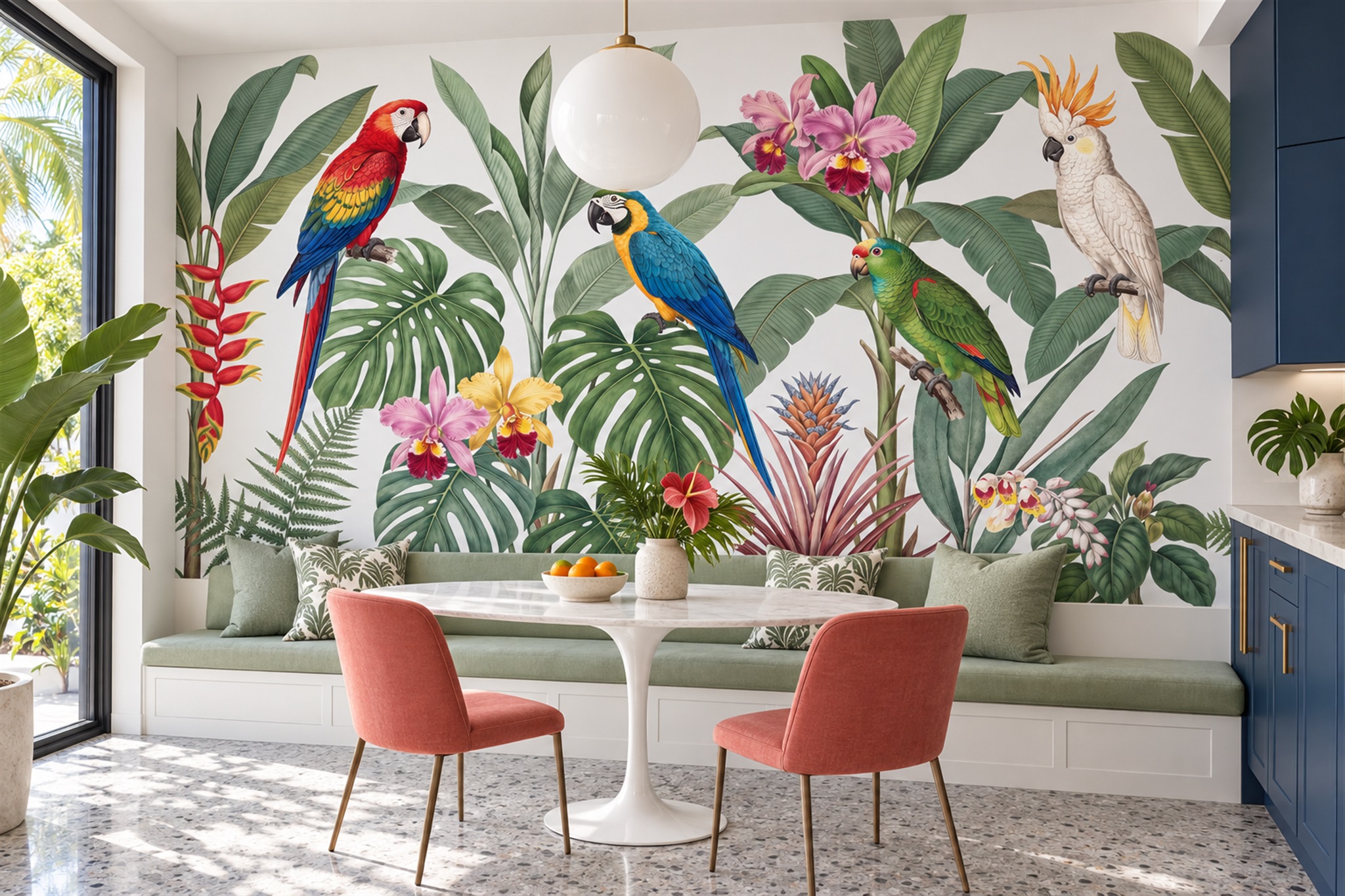 Green Parrot Illustrated Wallpaper Mural Dining-room-wallpaper-murals, Shown In A Dining Room, Peel-and-stick Finish