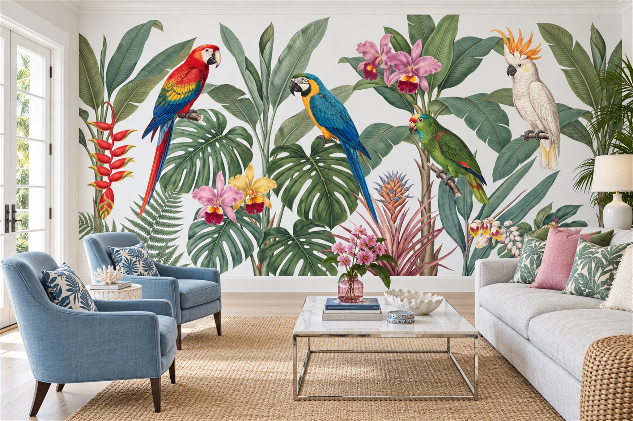 Colourful parrots and a cockatoo among tropical leaves behind living-room seating