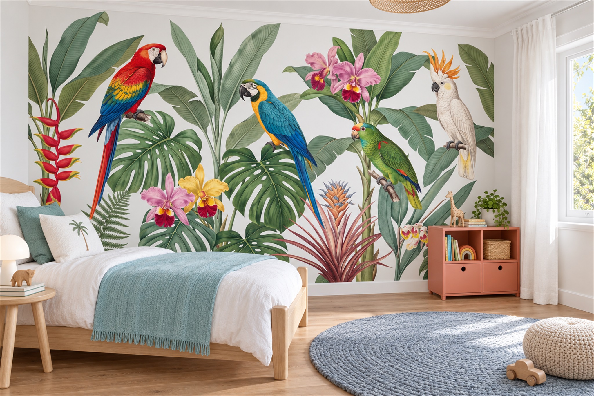 Green Parrot Illustrated Wallpaper Mural Accent-wall-wallpaper-murals, Peel-and-stick Finish