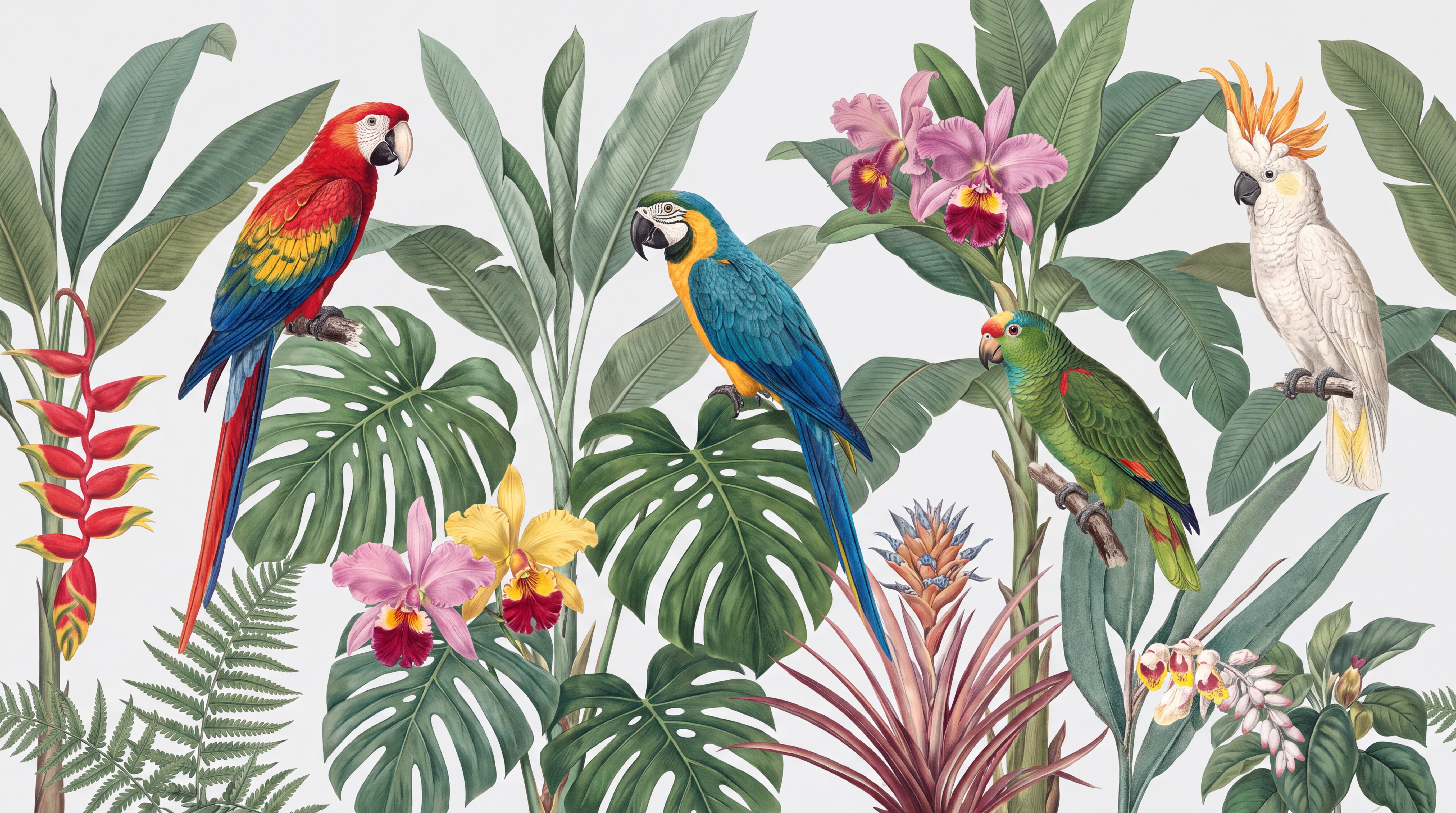 Green Parrot Illustrated Wallpaper Mural Living-room-wallpaper-murals, Peel-and-stick Finish