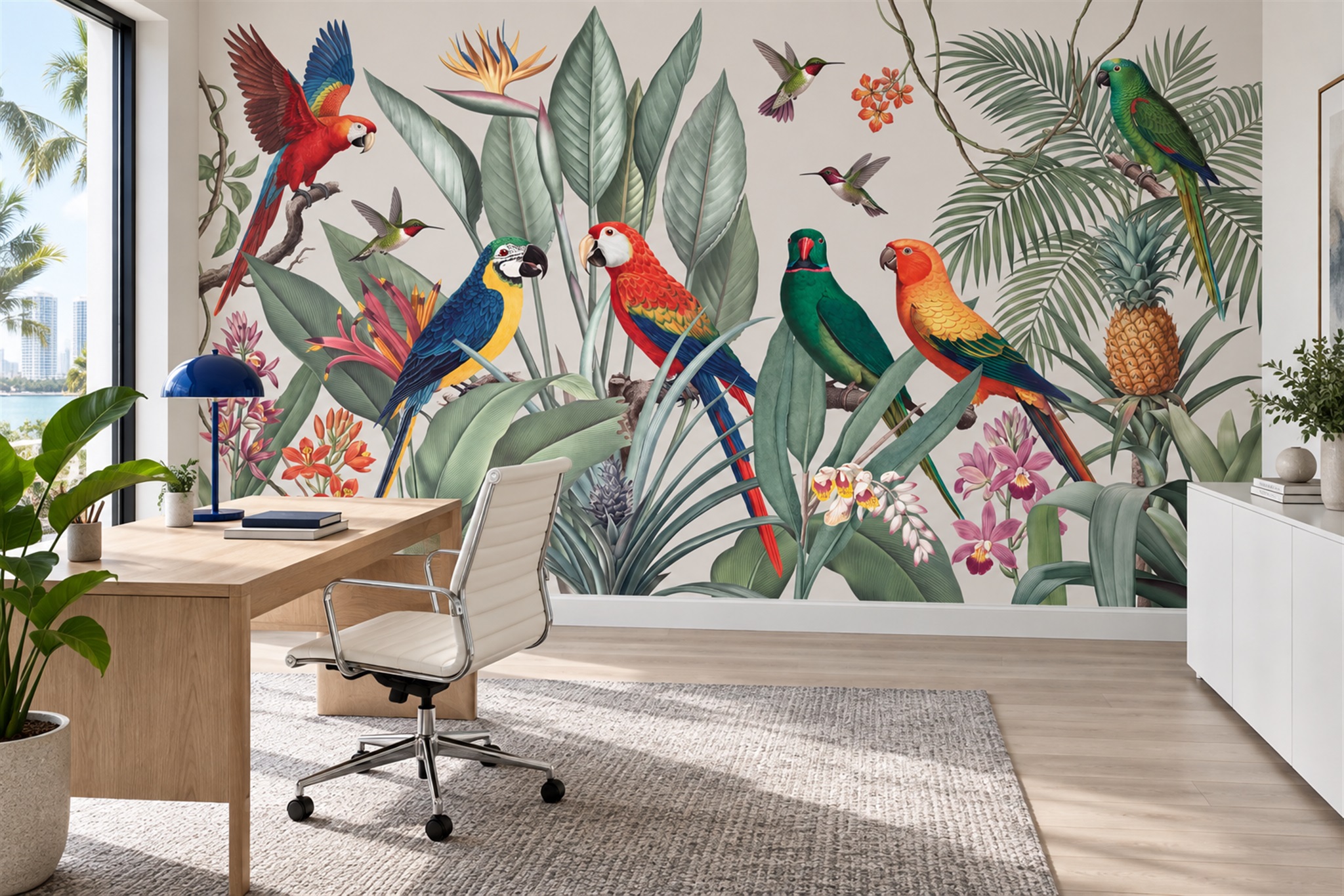 Parrots, Hummingbirds And Tropical Flowers Wallpaper Mural — Installed Wallpaper Mural In A Home Office, Peel-and-stick Finish