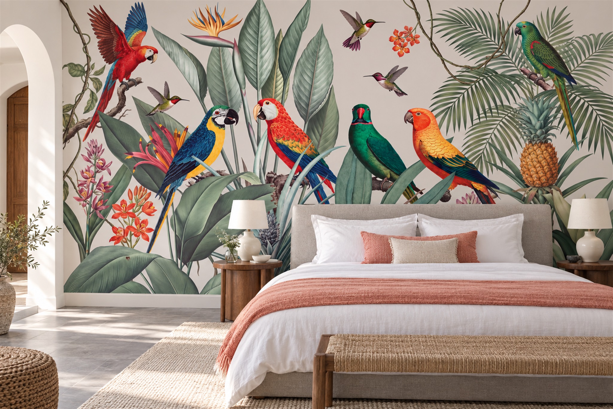 Pink Parrot Illustrated Wallpaper Mural Bedroom-wallpaper-murals, Peel-and-stick Finish