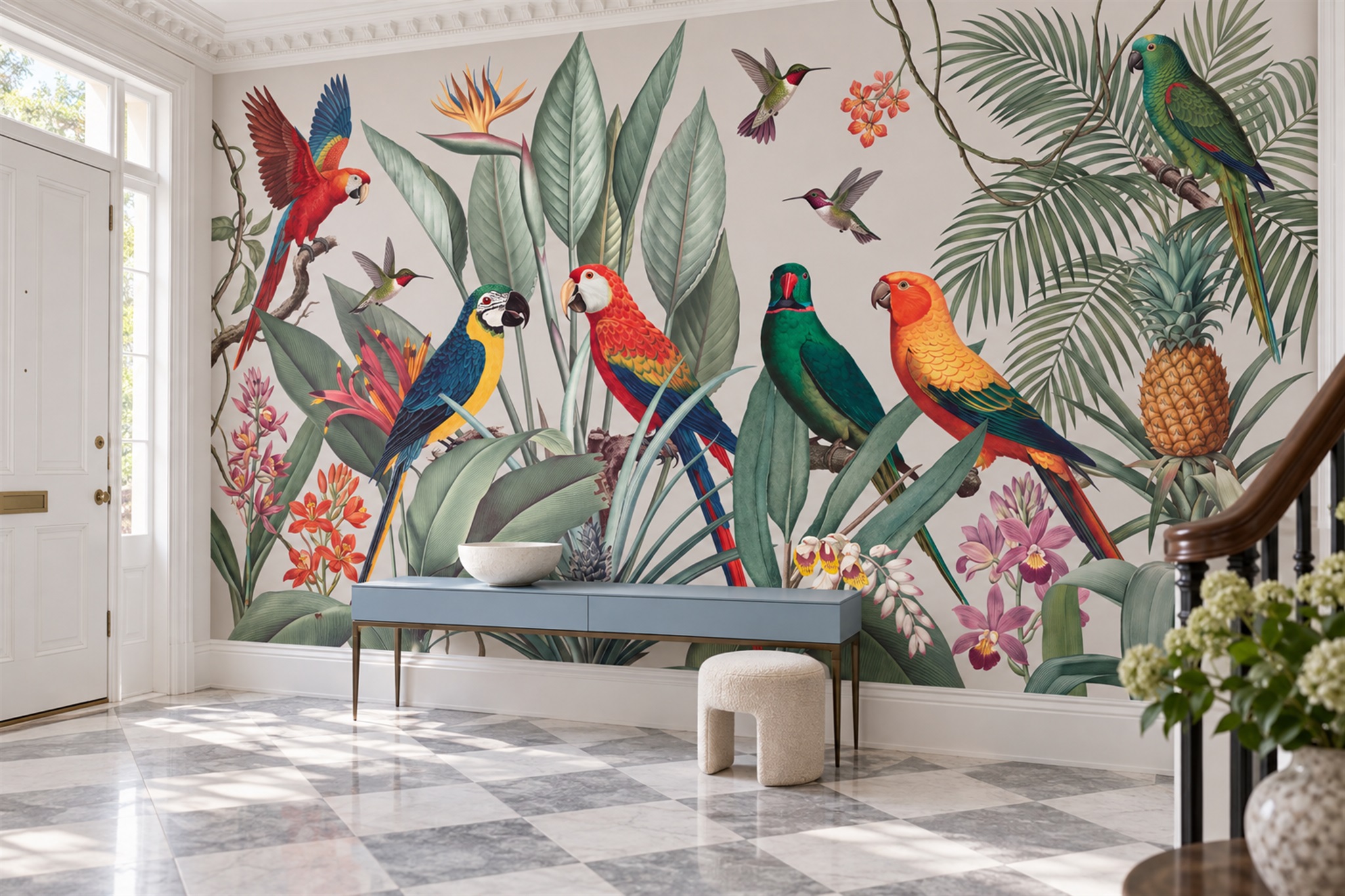 Pink Parrot Illustrated Wallpaper Mural Entryway-wallpaper-murals, Peel-and-stick Finish