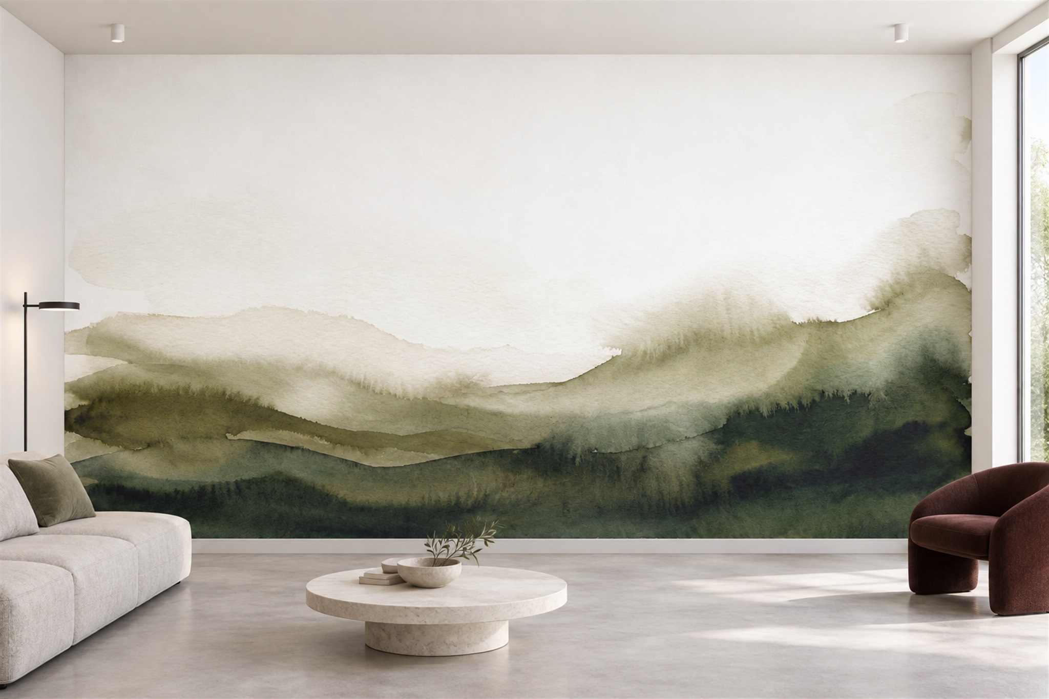 Layered sage and olive hills beneath a broad pale sky
