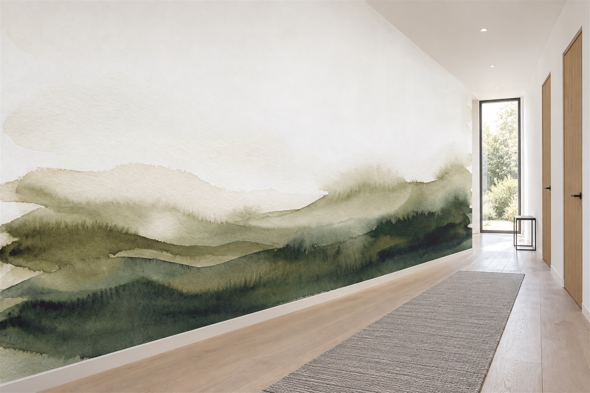 Long narrow hallway with a layered sage-green watercolour landscape mural