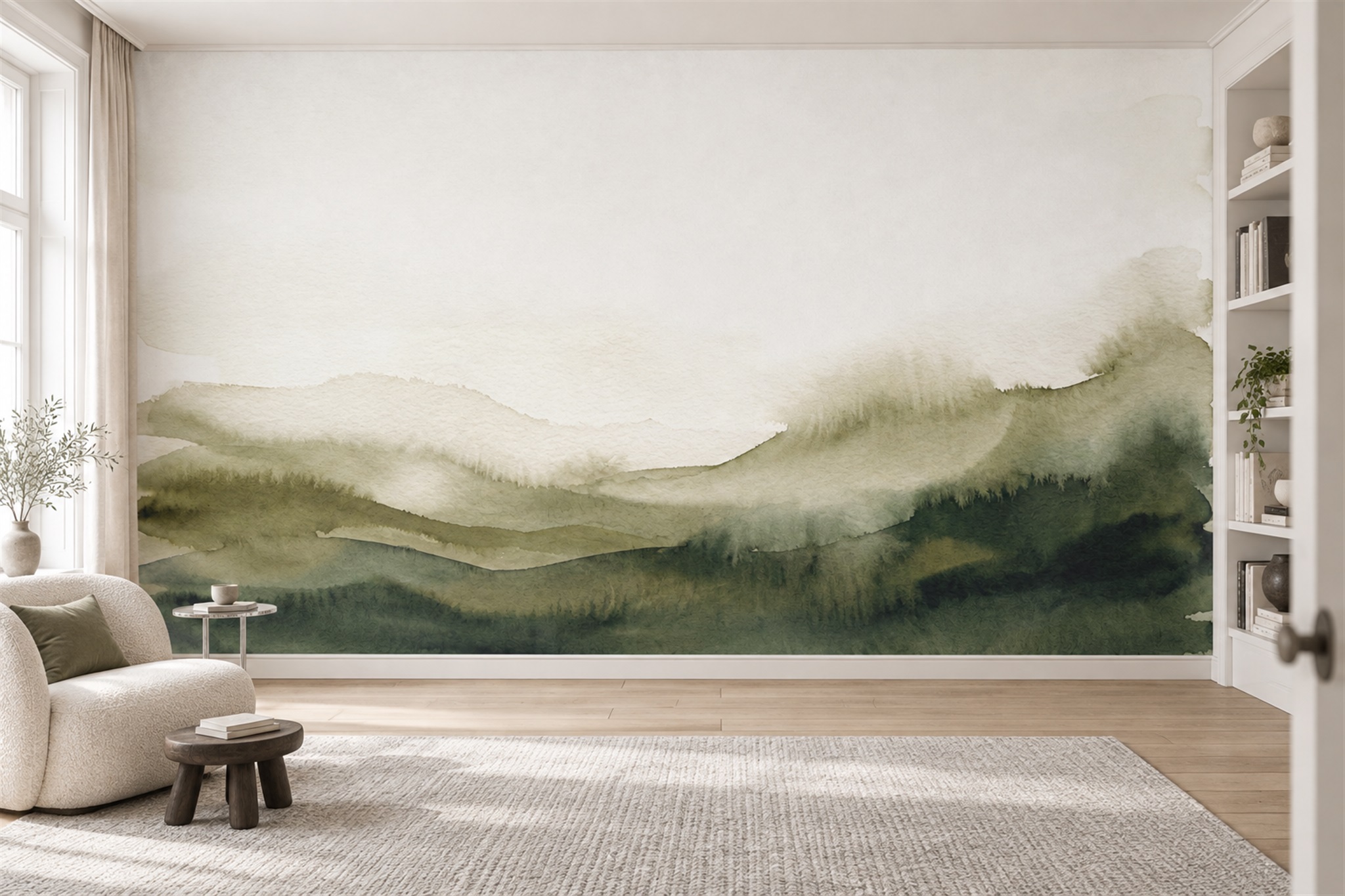 Sage Green Watercolour Mountain Ridges Wallpaper Mural — Installed Wallpaper Mural In A Home Office, Peel-and-stick Finish
